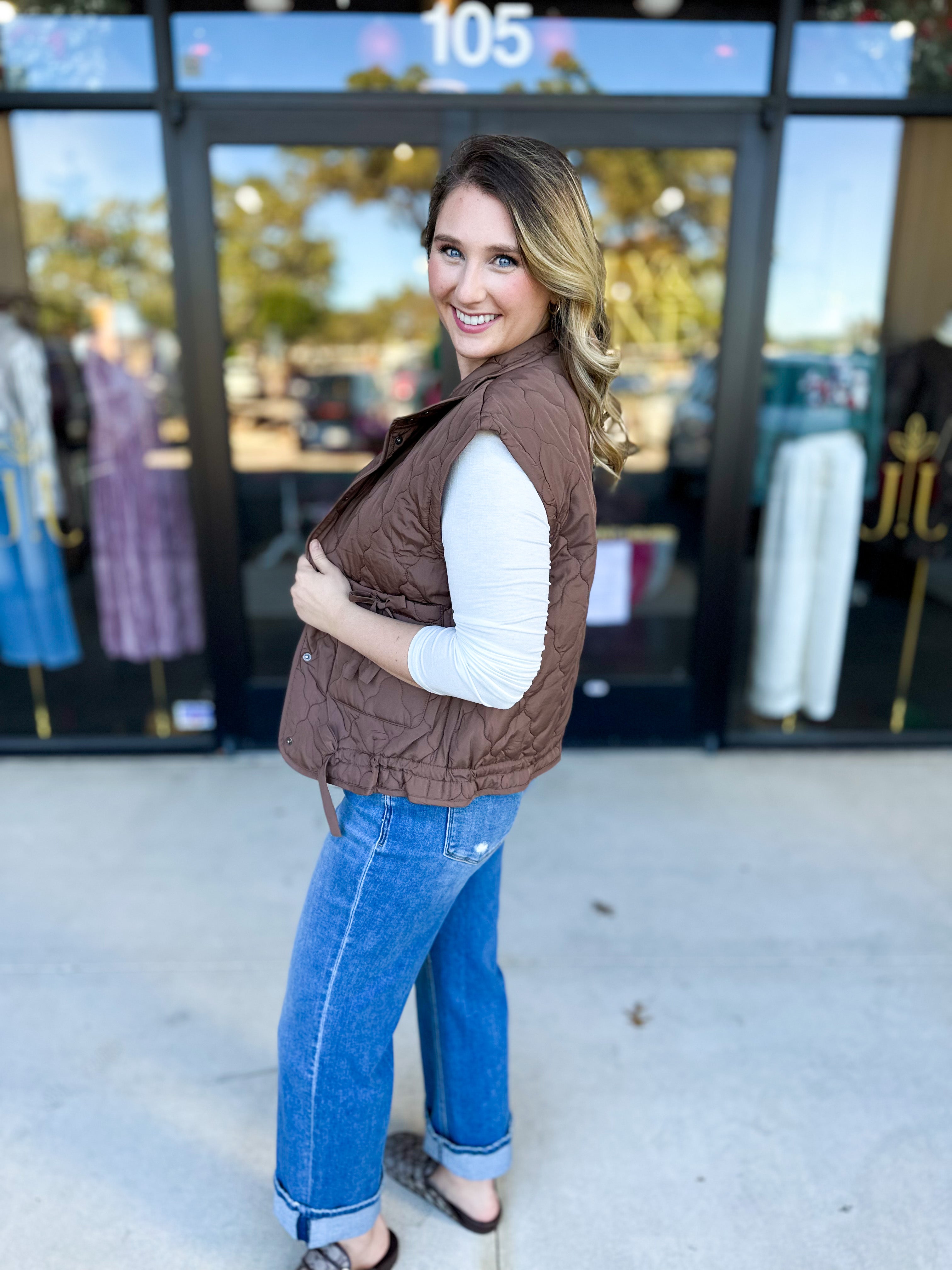 Quilted Bow Vest - Brown-600 Outerwear-BLU PEPPER-July & June Women's Fashion Boutique Located in San Antonio, Texas
