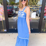 Sky Blue Embroidered Midi Dress-500 Midi-ENTRO-July & June Women's Fashion Boutique Located in San Antonio, Texas