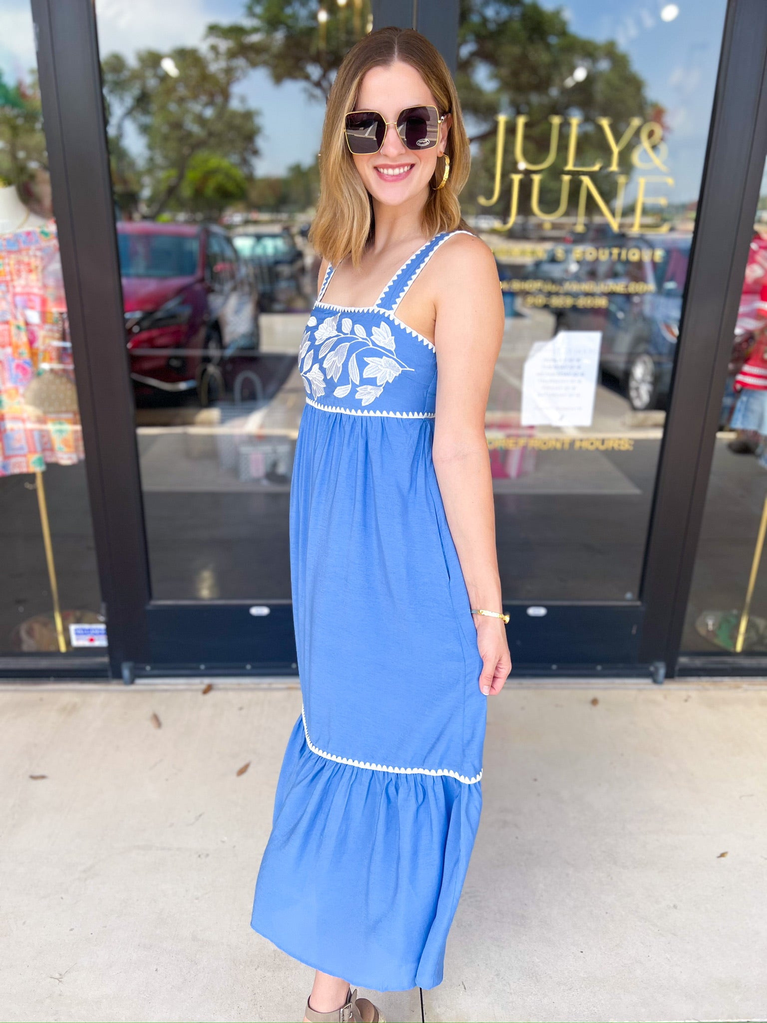 Sky Blue Embroidered Midi Dress-500 Midi-ENTRO-July & June Women's Fashion Boutique Located in San Antonio, Texas