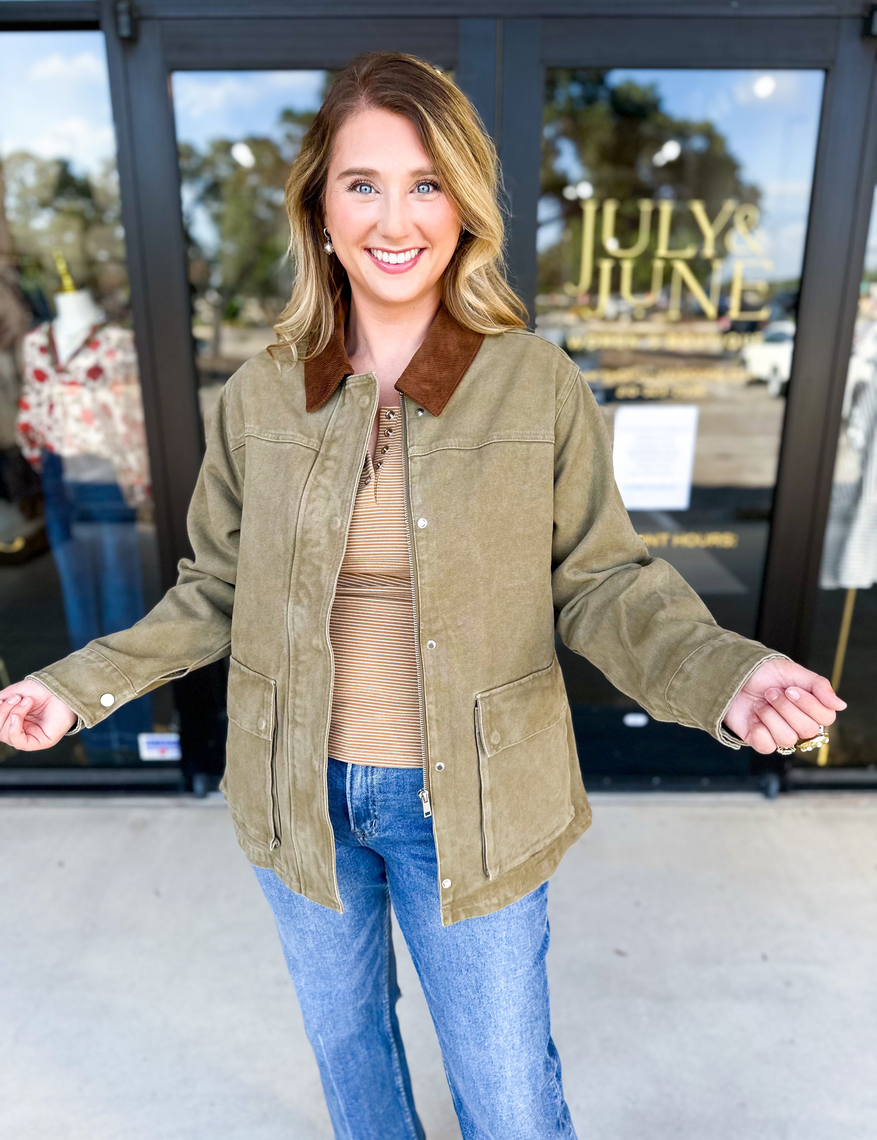 Barn Jacket - Olive-600 Outerwear-AARON & AMBER-July & June Women's Fashion Boutique Located in San Antonio, Texas