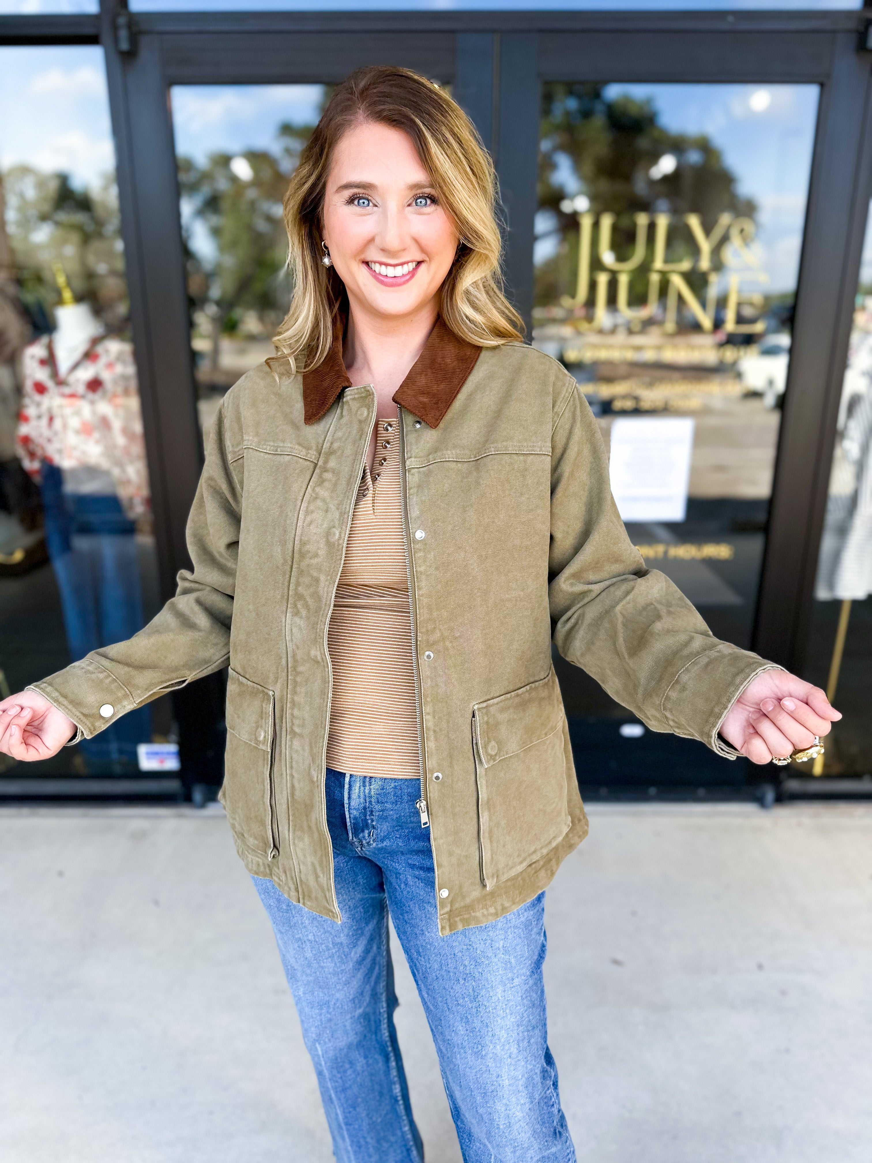 Barn Jacket - Olive-600 Outerwear-AARON & AMBER-July & June Women's Fashion Boutique Located in San Antonio, Texas