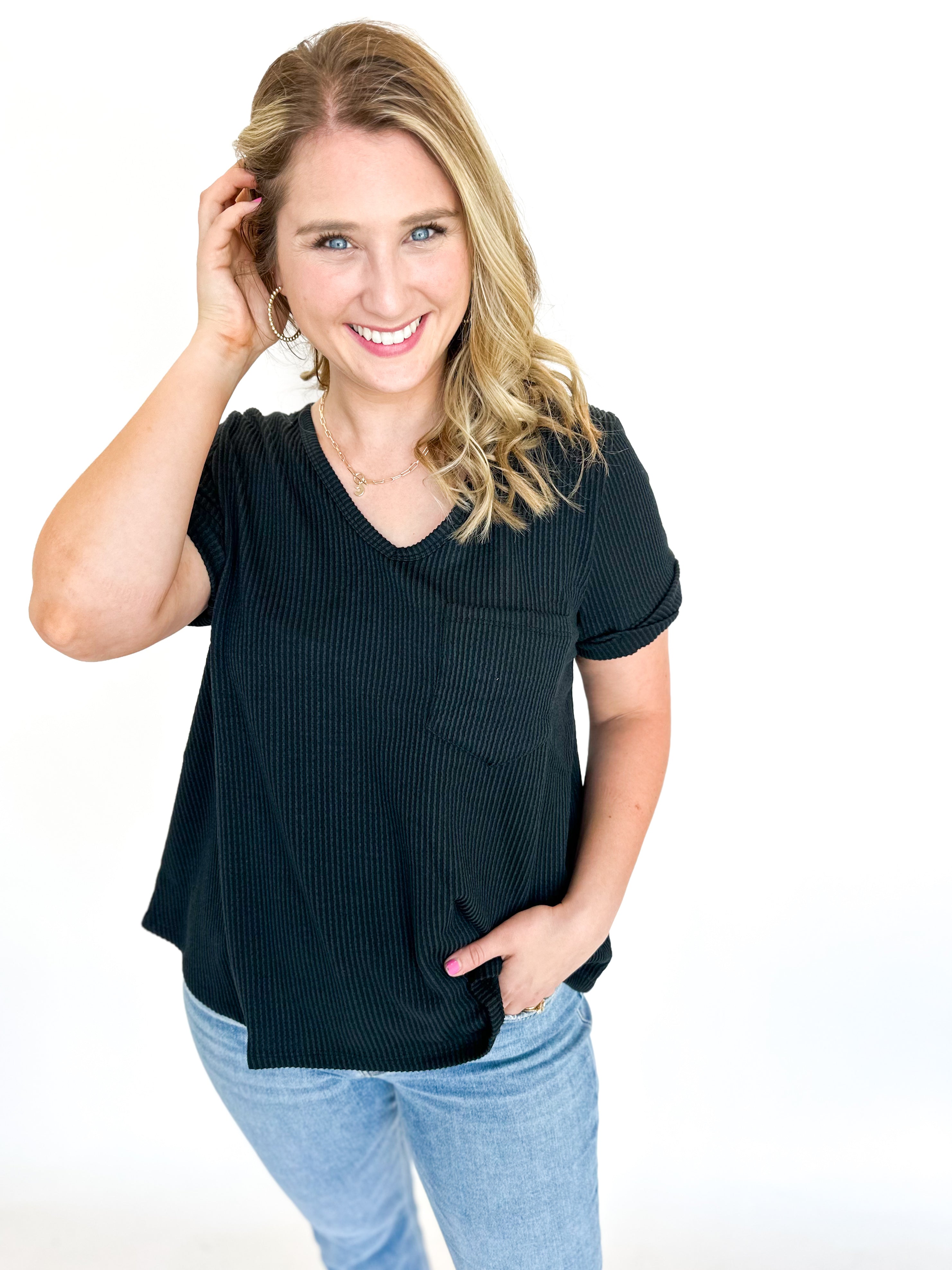 Ribbed V-Neck Tee - Black-210 Casual Blouses-ENTRO-July & June Women's Fashion Boutique Located in San Antonio, Texas