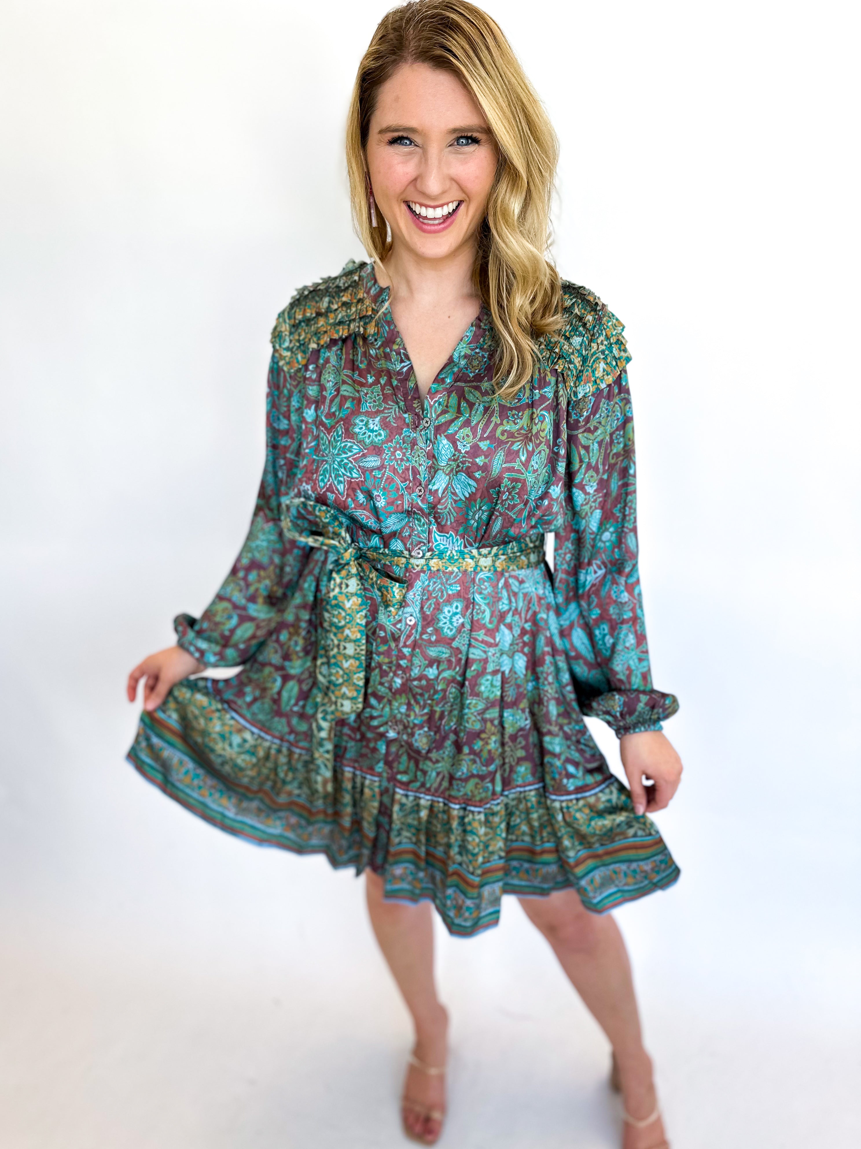 Teal & Mocha Floral Mini Dress-510 Mini-CURRENT AIR CLOTHING-July & June Women's Fashion Boutique Located in San Antonio, Texas