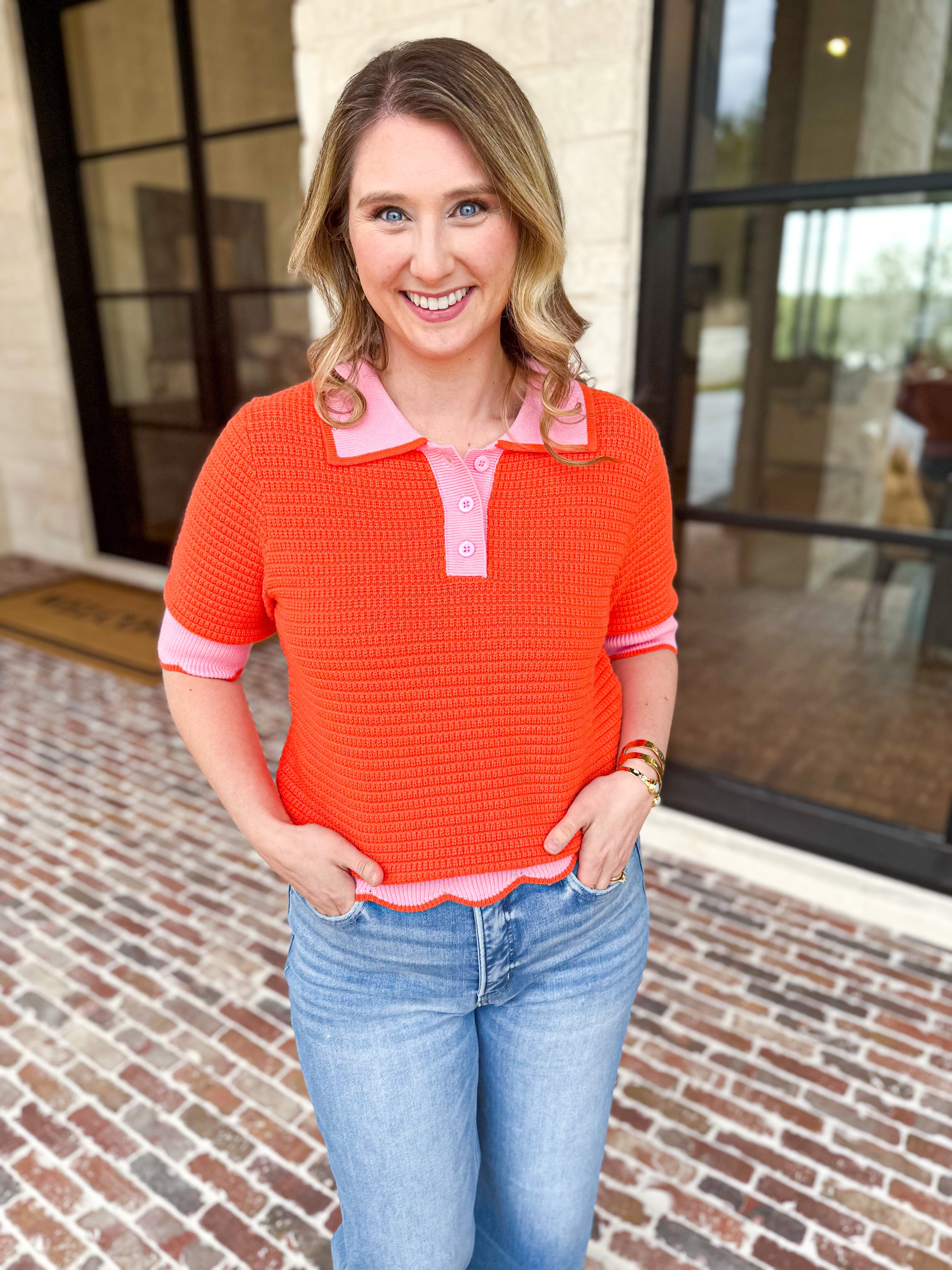 THML - Orange & Pink Collared Knit Top-230 Sweaters/Cardis-THML-July & June Women's Fashion Boutique Located in San Antonio, Texas