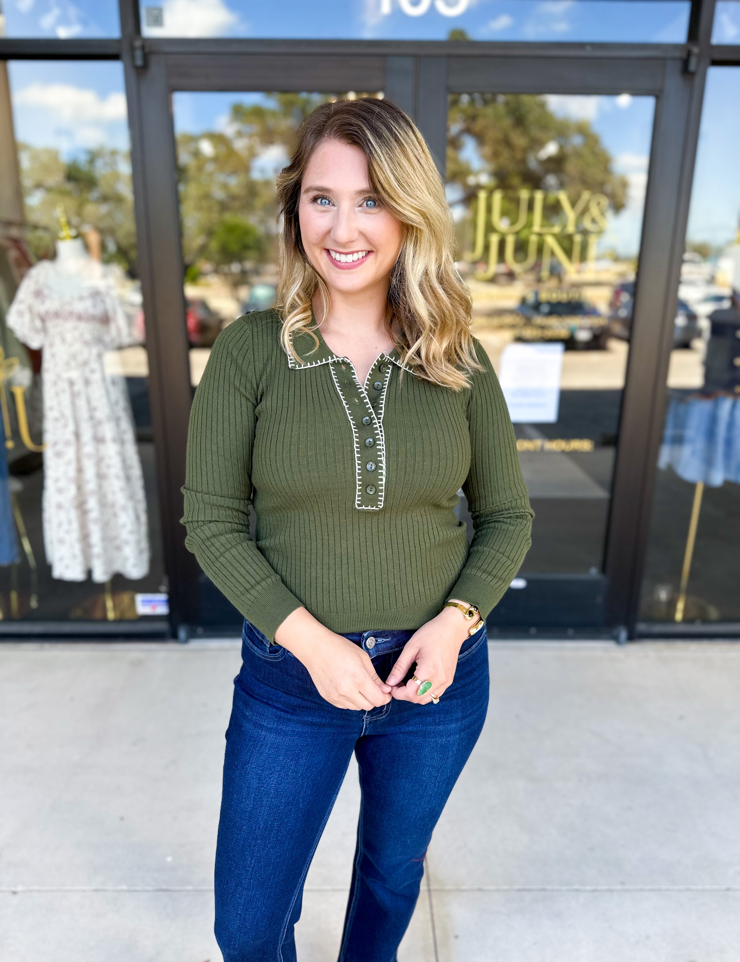 Tailored Knit Long Sleeve - Olive-230 Sweaters/Cardis-LISTICLE-July & June Women's Fashion Boutique Located in San Antonio, Texas