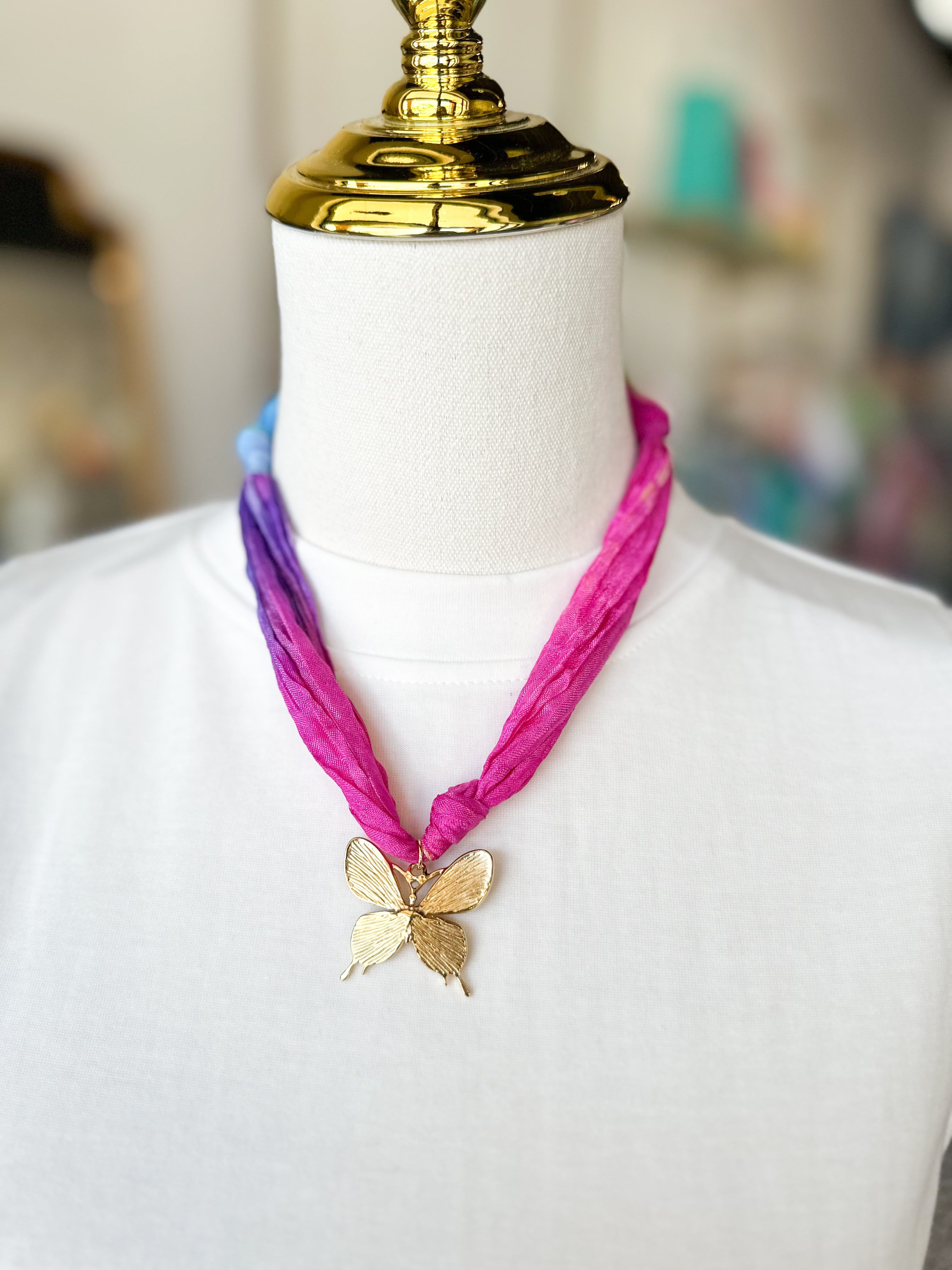Scarf Necklace - Purple, Pink, Blue Butterfly-110 Jewelry & Hair-HART DESIGNS-July & June Women's Fashion Boutique Located in San Antonio, Texas