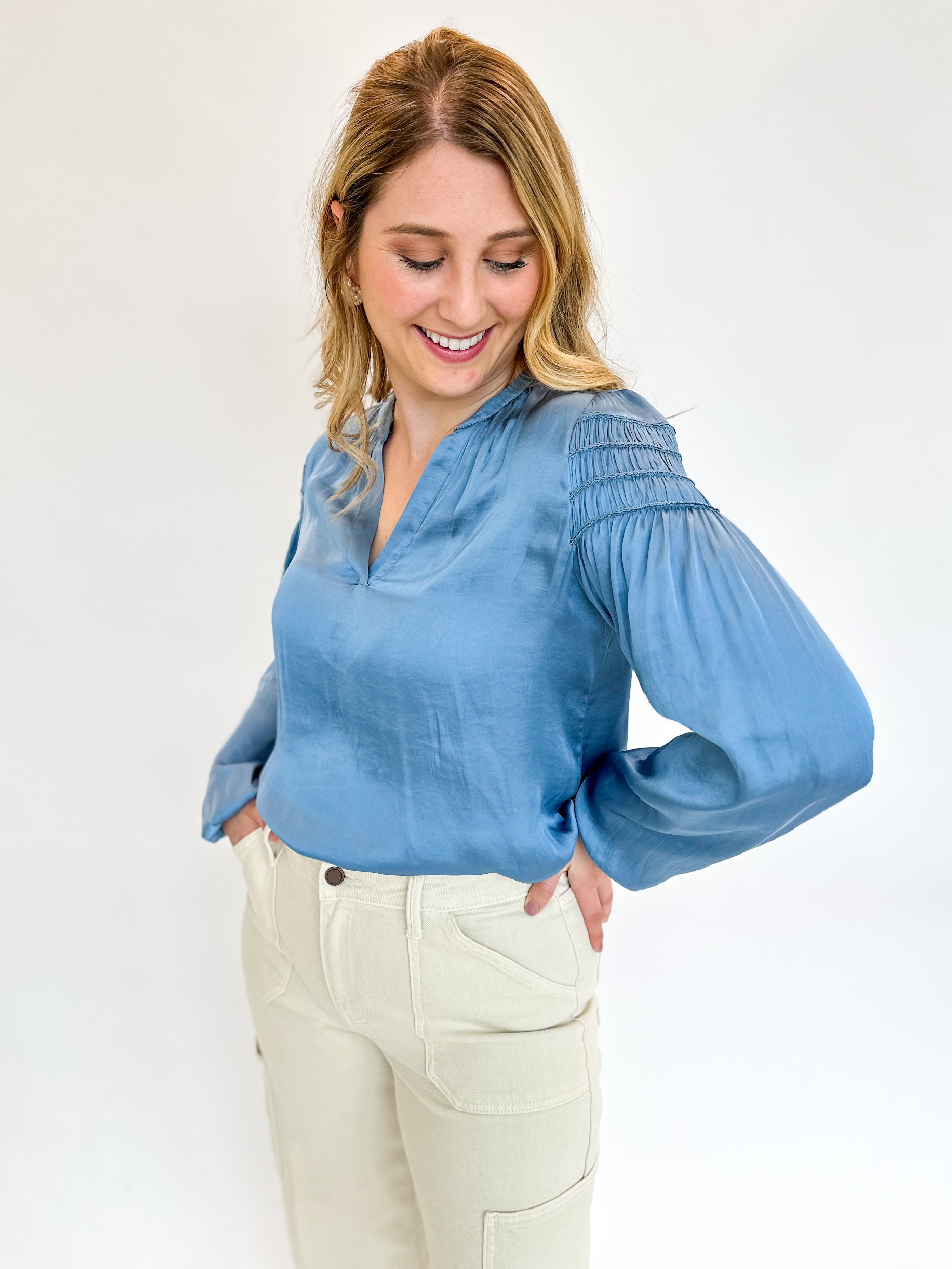 Dusty Sky Blouse-200 Fashion Blouses-CURRENT AIR CLOTHING-July & June Women's Fashion Boutique Located in San Antonio, Texas