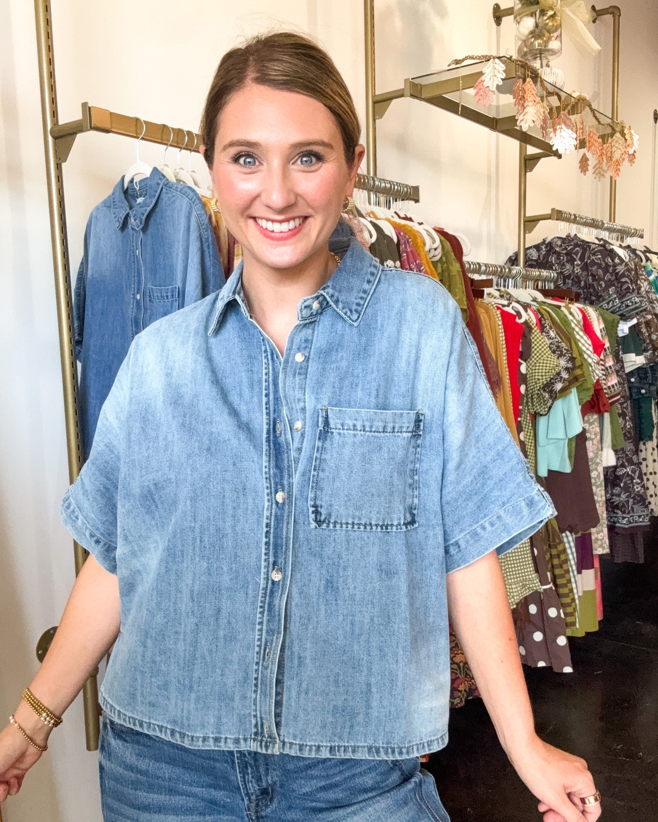 Short Sleeve Boxy Denim Button Down - Light Wash-200 Fashion Blouses-BLUIVY-July & June Women's Fashion Boutique Located in San Antonio, Texas