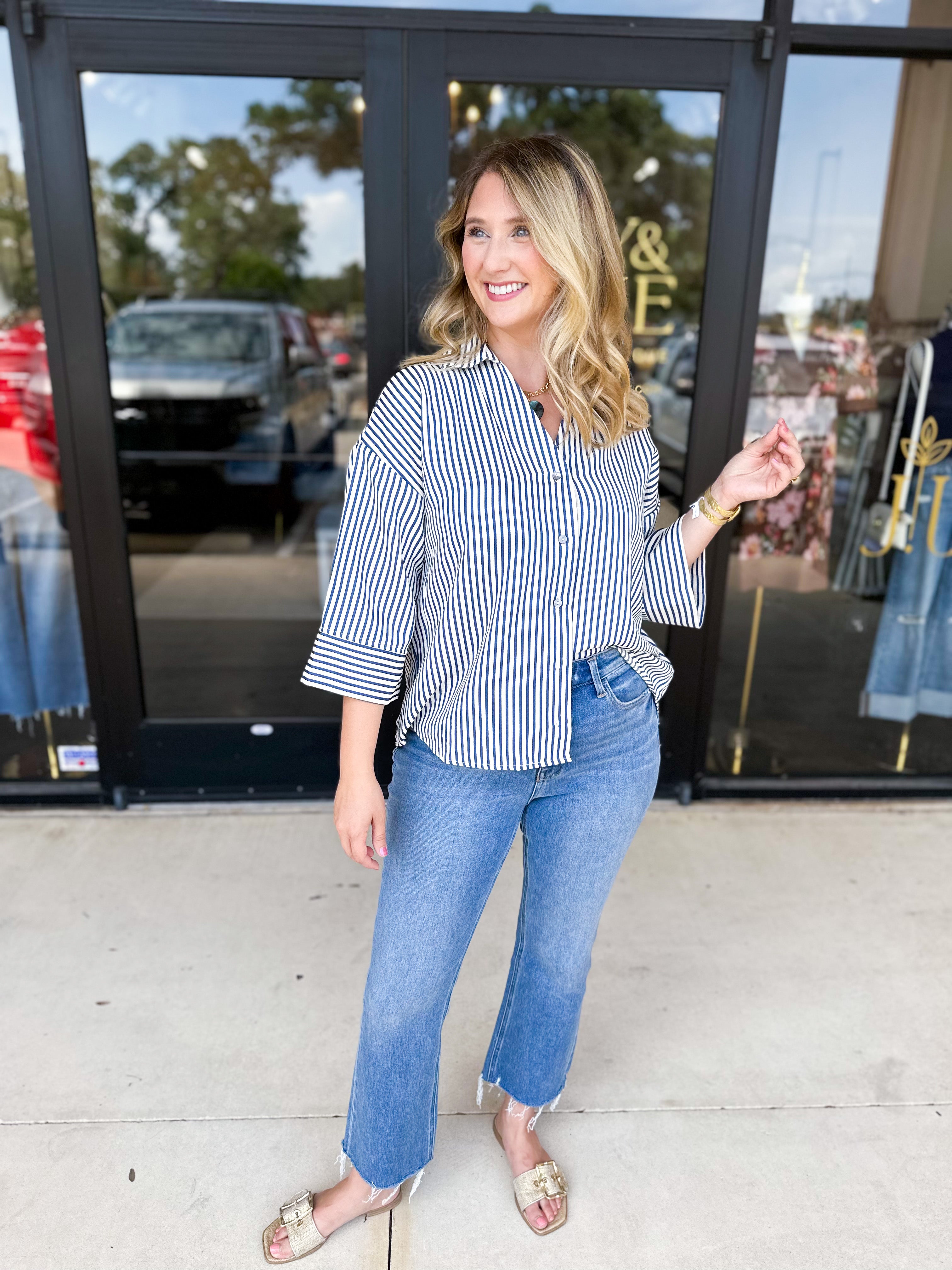 Chic Stripe Blouse - Indigo-200 Fashion Blouses-ENTRO-July & June Women's Fashion Boutique Located in San Antonio, Texas