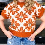 Rust Floral Shirt Sleeve Sweater Top-230 Sweaters/Cardis-ENTRO-July & June Women's Fashion Boutique Located in San Antonio, Texas
