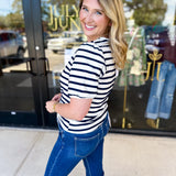 Striped Round Neck Tee - Navy-210 Casual Blouses-POLOGRAM-July & June Women's Fashion Boutique Located in San Antonio, Texas