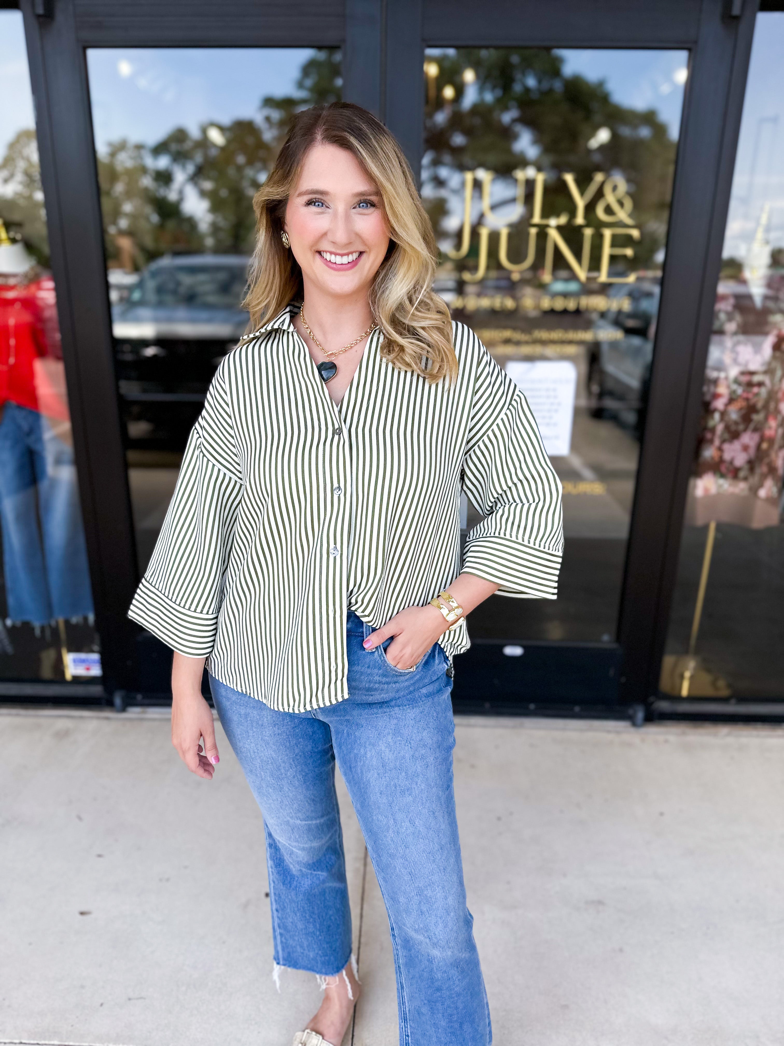 Chic Stripe Blouse - Olive-200 Fashion Blouses-ENTRO-July & June Women's Fashion Boutique Located in San Antonio, Texas