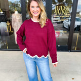Scalloped Edges Sweater - Burgundy-230 Sweaters/Cardis-ENTRO-July & June Women's Fashion Boutique Located in San Antonio, Texas