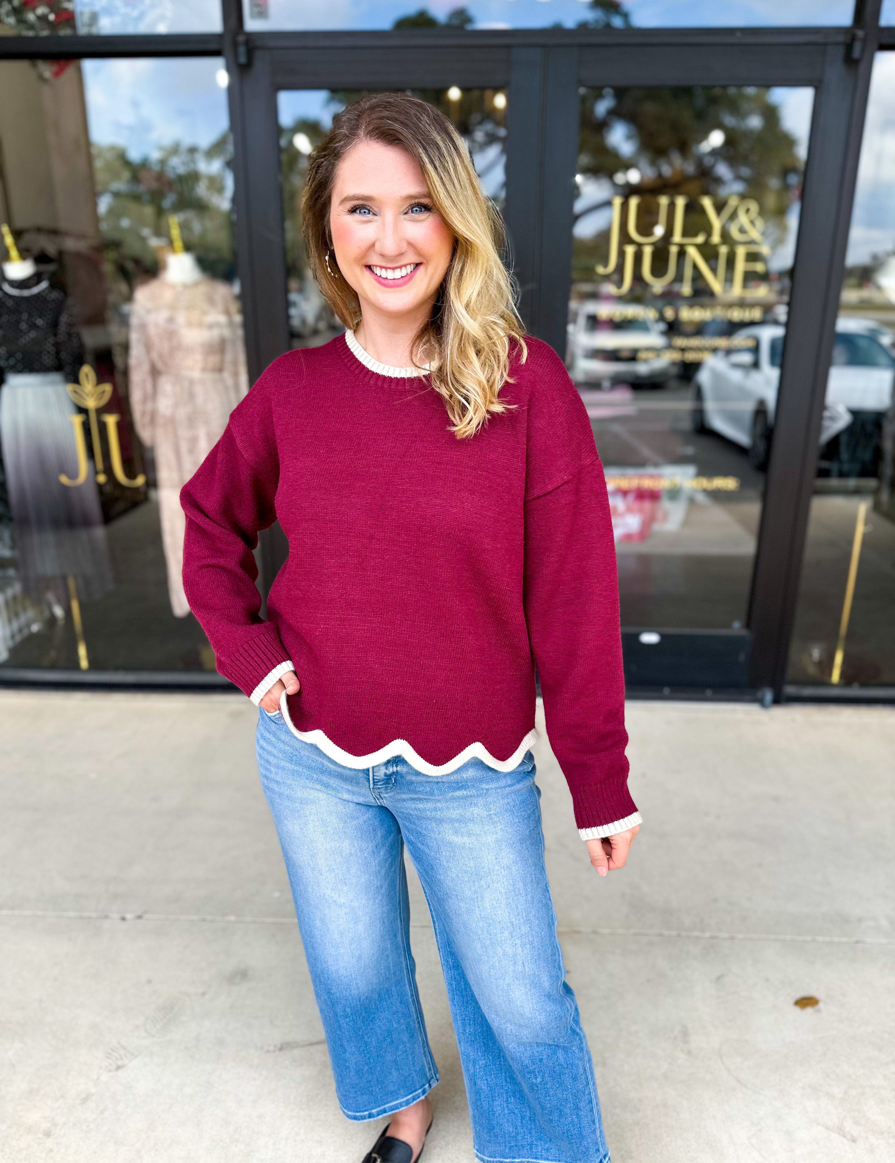 Scalloped Edges Sweater - Burgundy-230 Sweaters/Cardis-ENTRO-July & June Women's Fashion Boutique Located in San Antonio, Texas