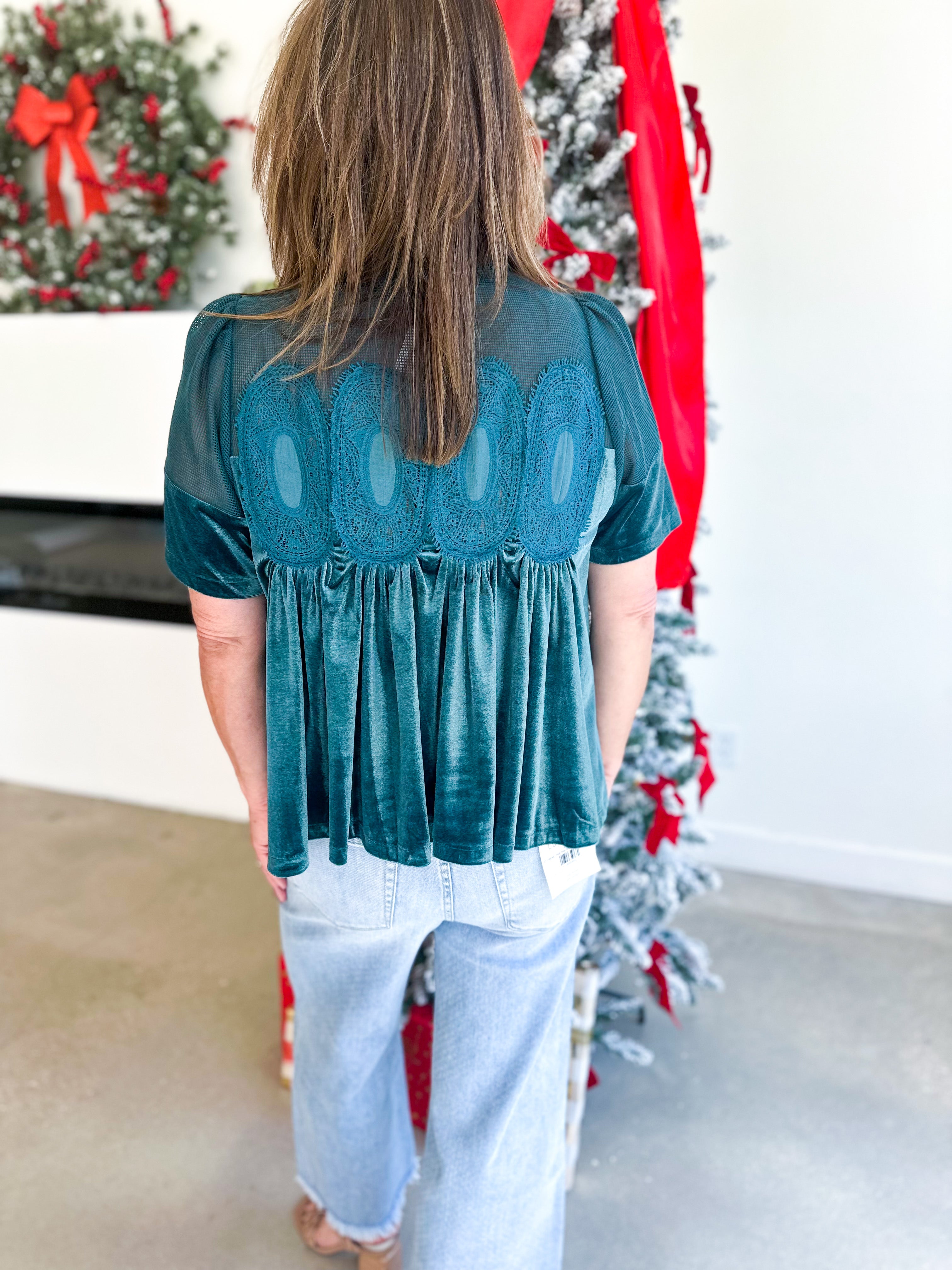 Lace Details Velvet Blouse - Teal-200 Fashion Blouses-FATE-July & June Women's Fashion Boutique Located in San Antonio, Texas