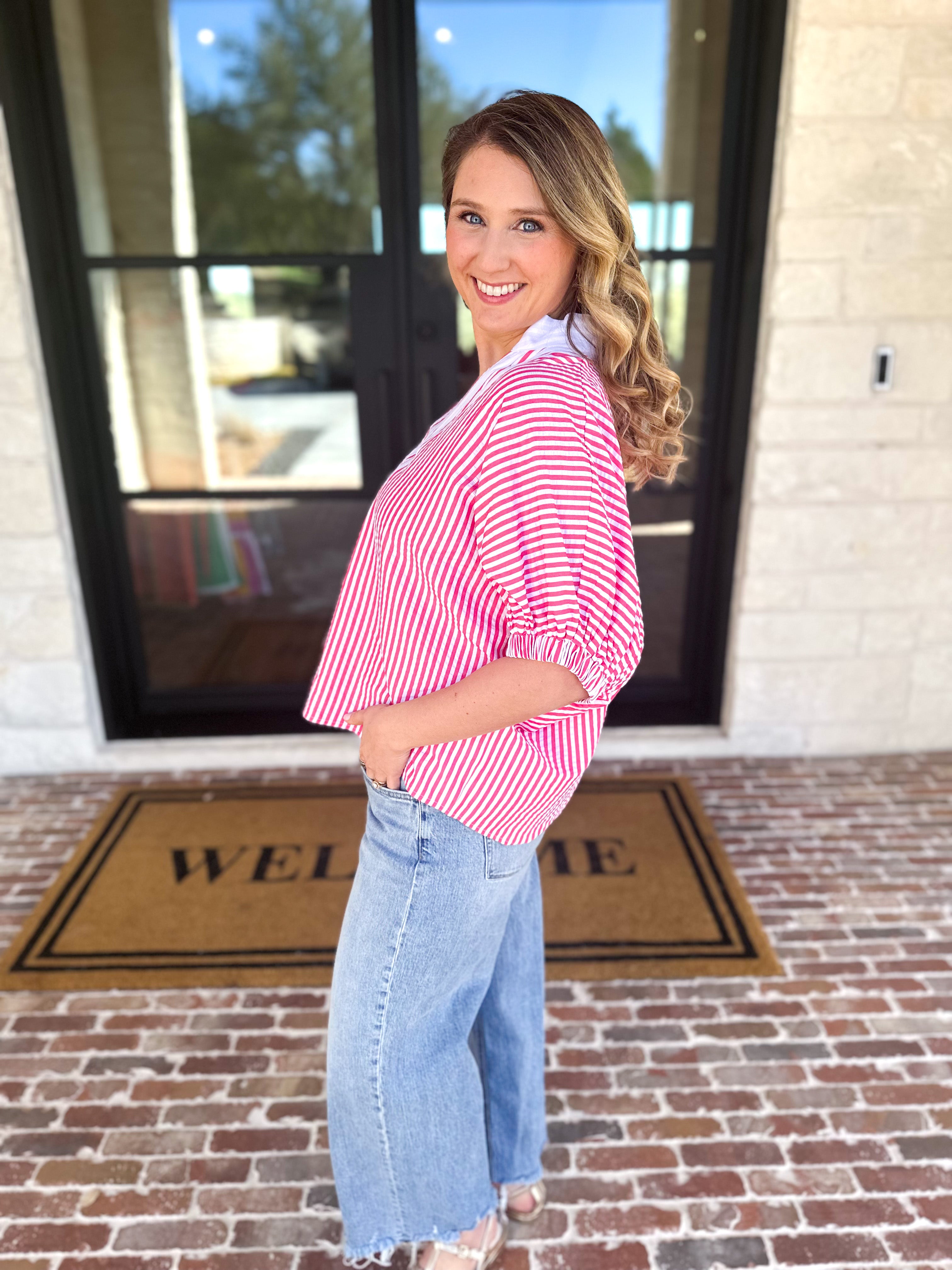 Seersucker Sweet Blouse - Pink-200 Fashion Blouses-ENTRO-July & June Women's Fashion Boutique Located in San Antonio, Texas