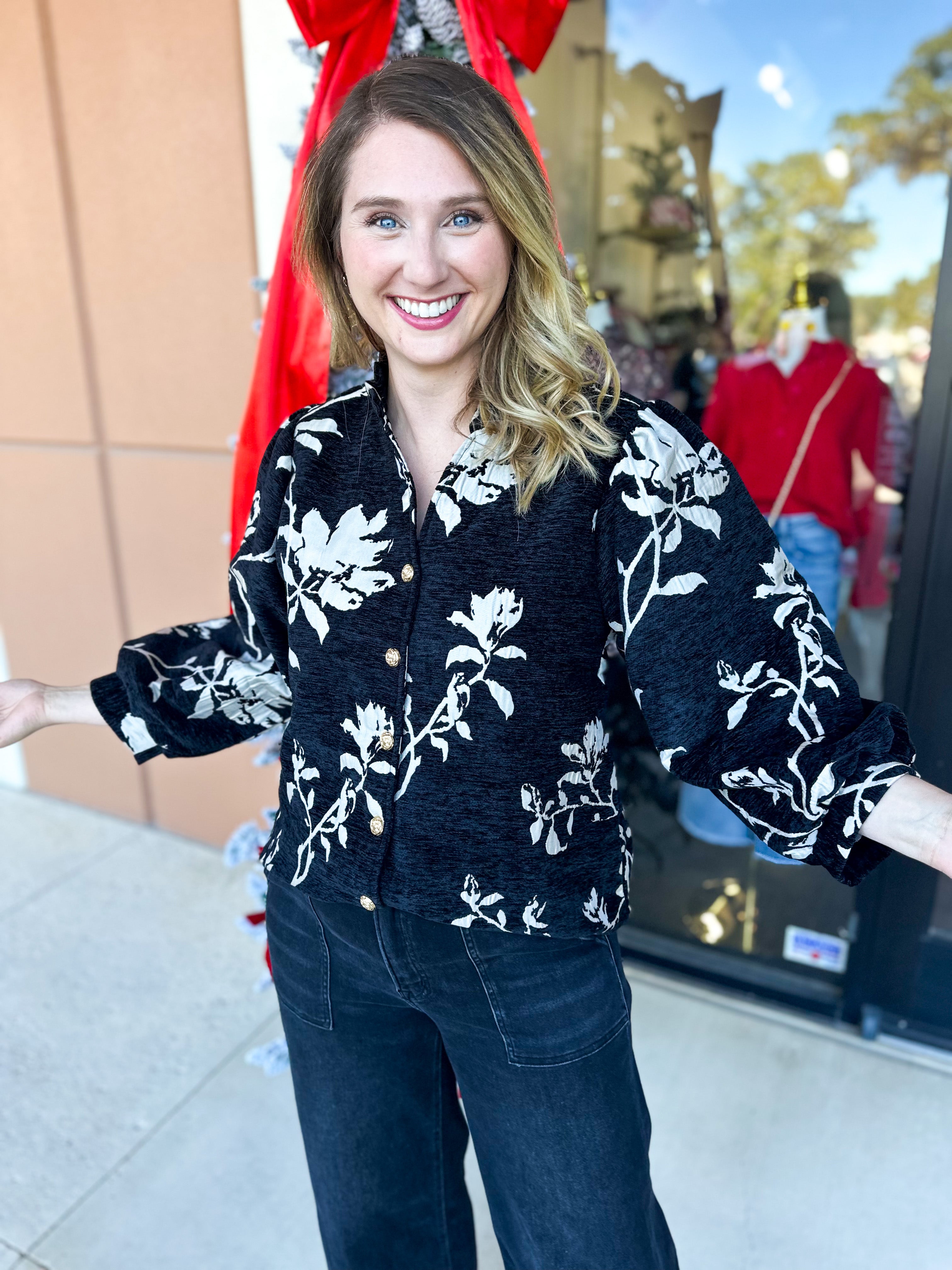 Ivory & Black Floral Blouse-200 Fashion Blouses-JODIFL-July & June Women's Fashion Boutique Located in San Antonio, Texas