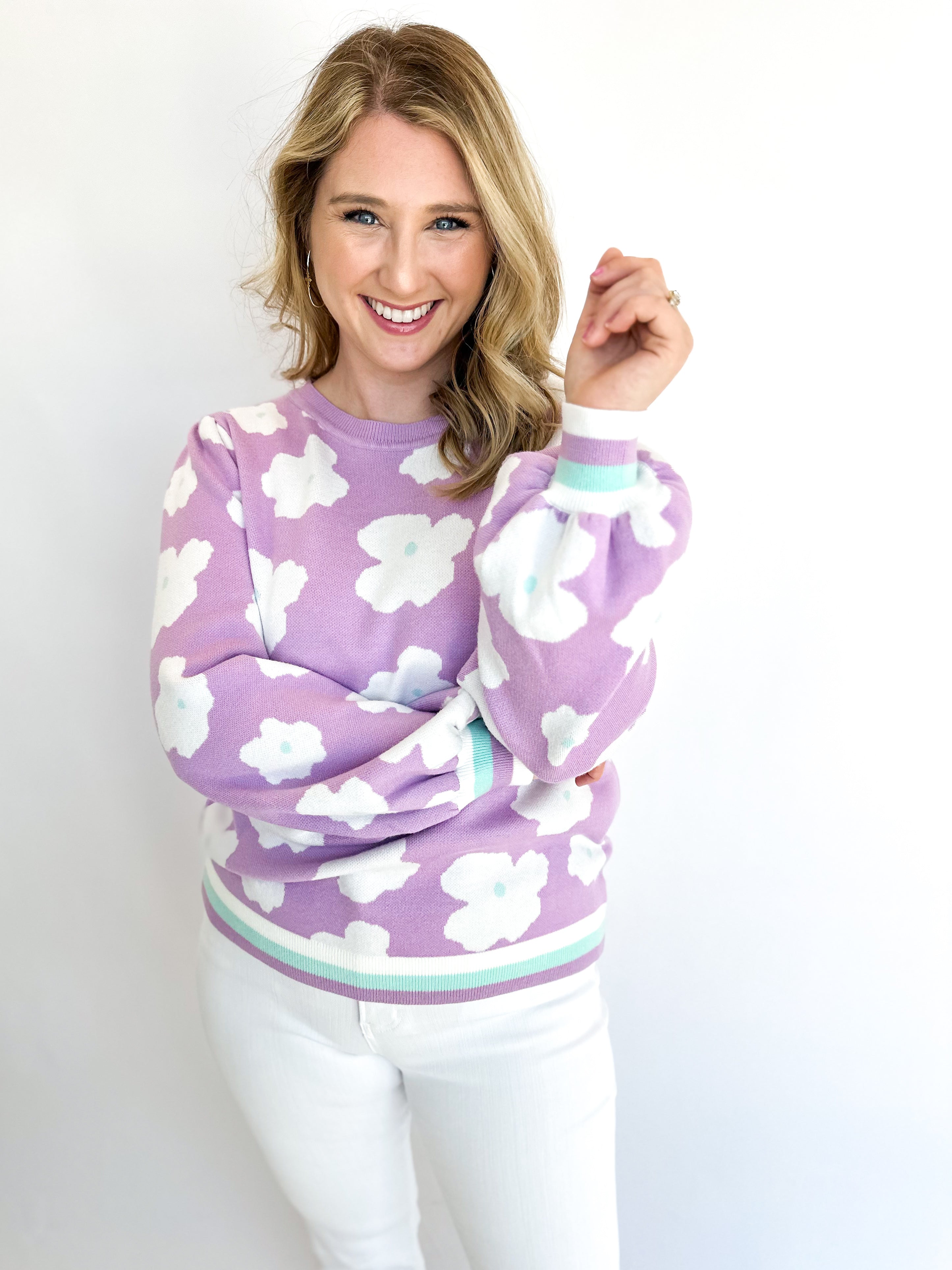 Lavender Floral Sweater-230 Sweaters/Cardis-FATE-July & June Women's Fashion Boutique Located in San Antonio, Texas