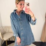 Medium Wash Denim Button Down Shirt Dress-510 Mini-BLUIVY-July & June Women's Fashion Boutique Located in San Antonio, Texas