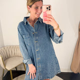 Medium Wash Denim Button Down Shirt Dress-510 Mini-BLUIVY-July & June Women's Fashion Boutique Located in San Antonio, Texas