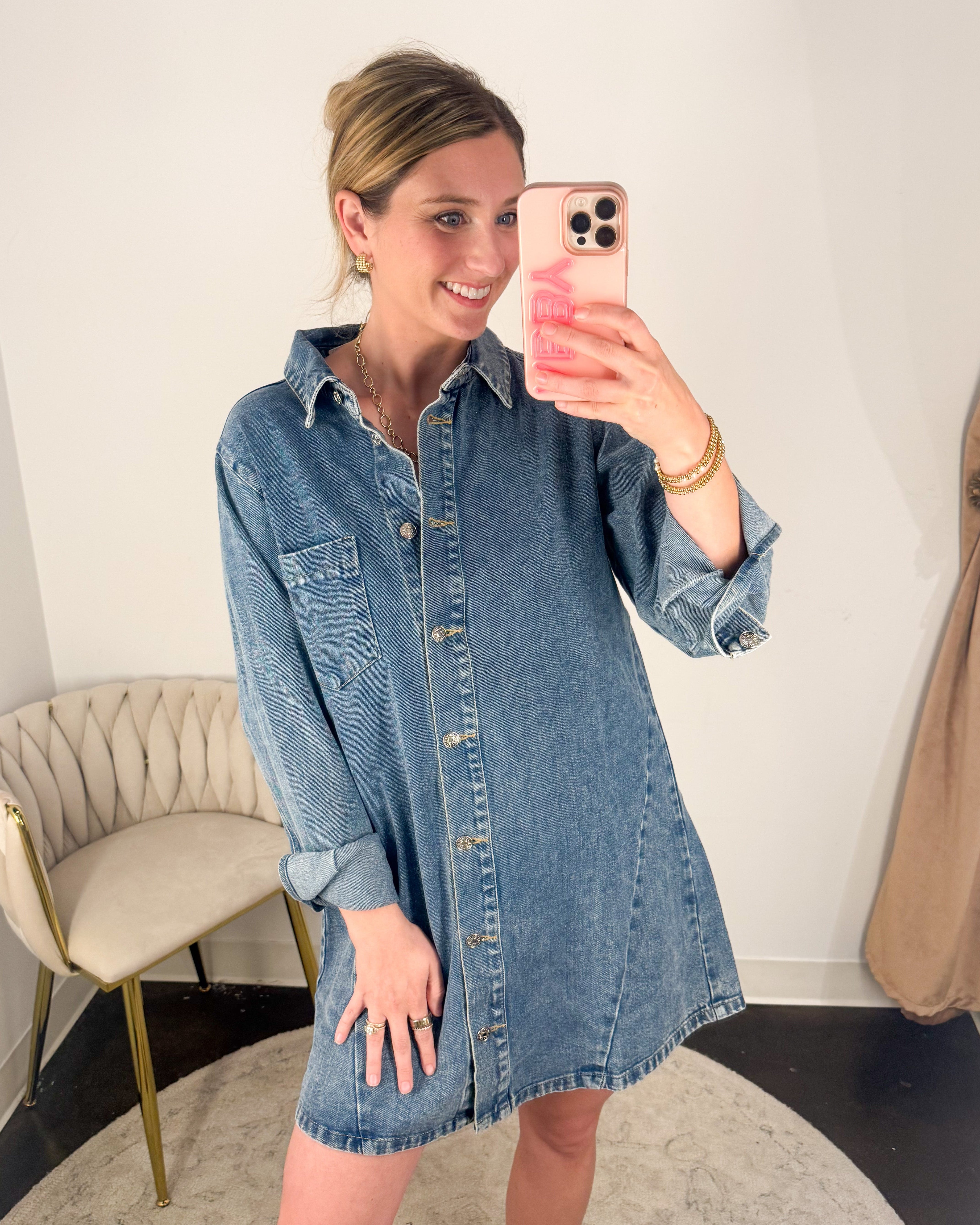 Medium Wash Denim Button Down Shirt Dress-510 Mini-BLUIVY-July & June Women's Fashion Boutique Located in San Antonio, Texas