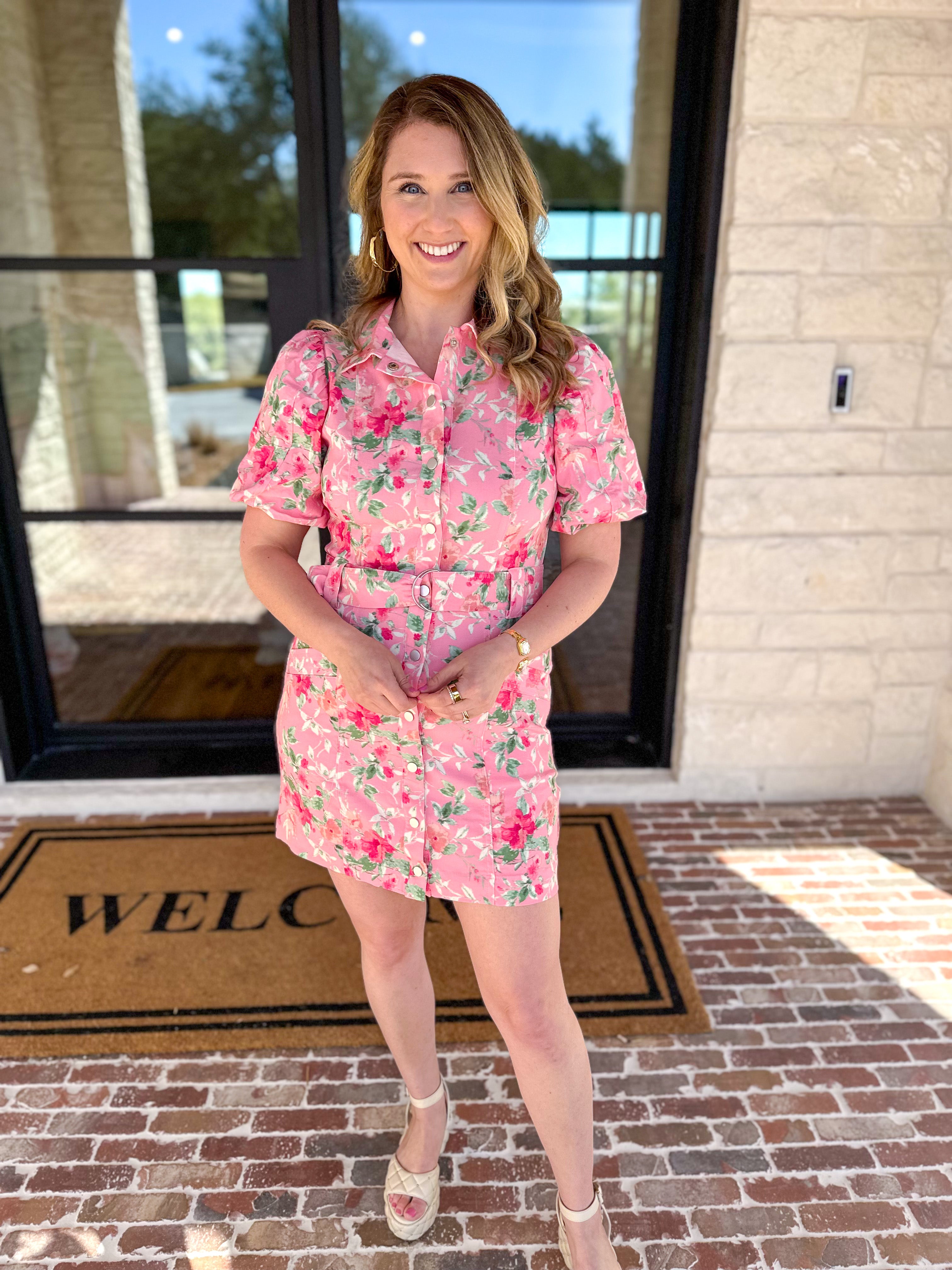 Pink Floral Denim Mini Dress-510 Mini-FATE-July & June Women's Fashion Boutique Located in San Antonio, Texas