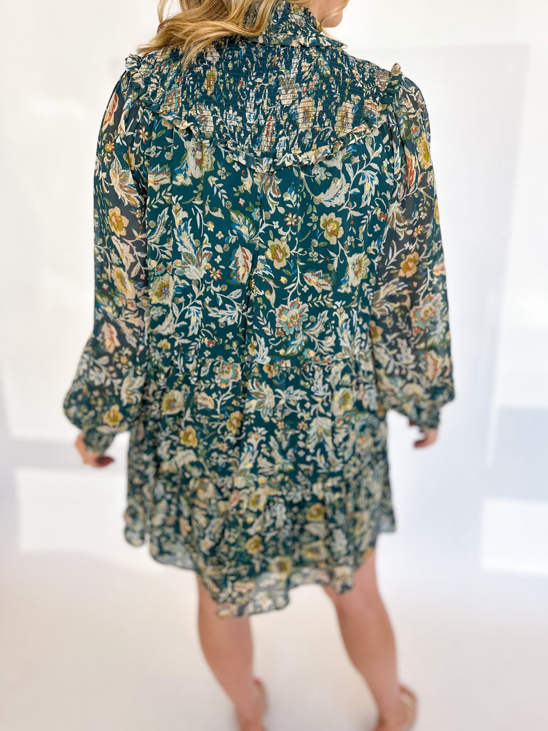 Green & Gold Floral High Neck Dress-510 Mini-FATE-July & June Women's Fashion Boutique Located in San Antonio, Texas