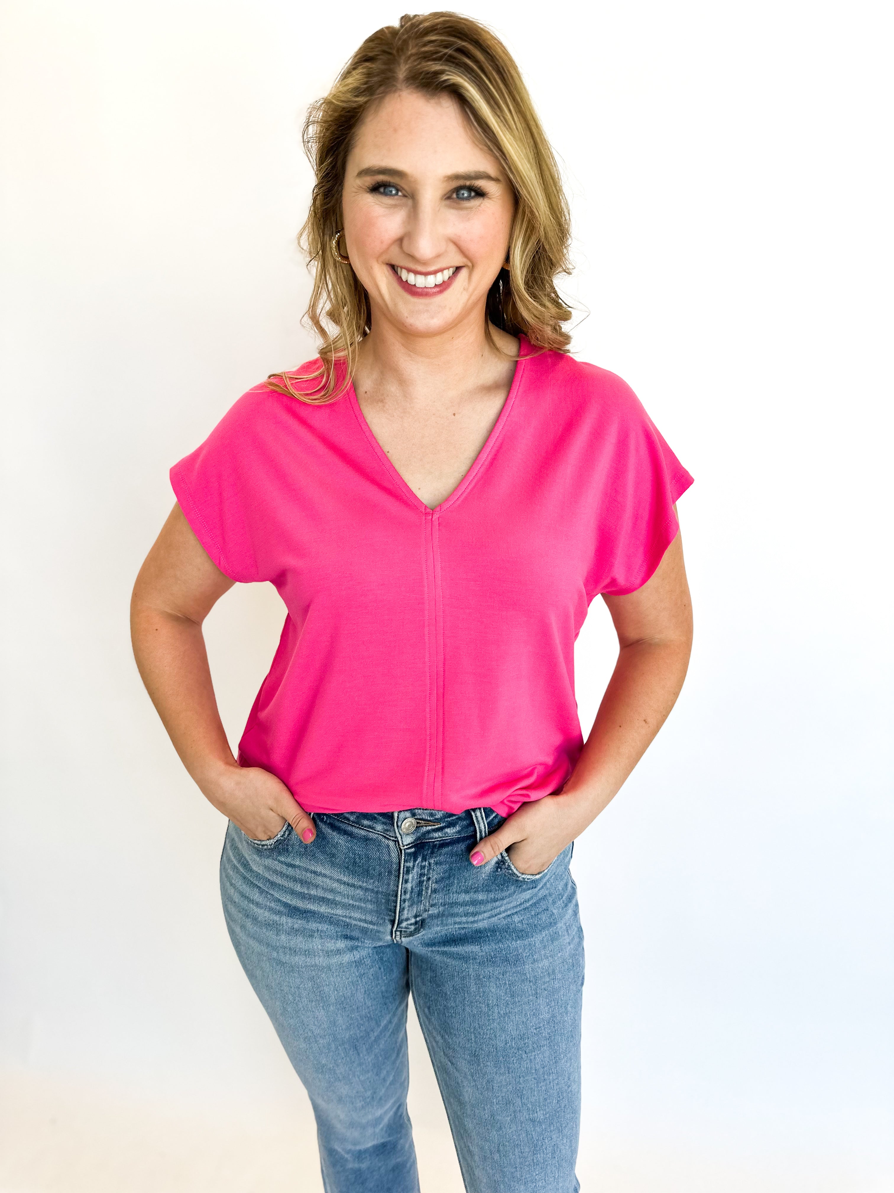 Dolman Knit Tee - Pink-210 Casual Blouses-JODIFL-July & June Women's Fashion Boutique Located in San Antonio, Texas