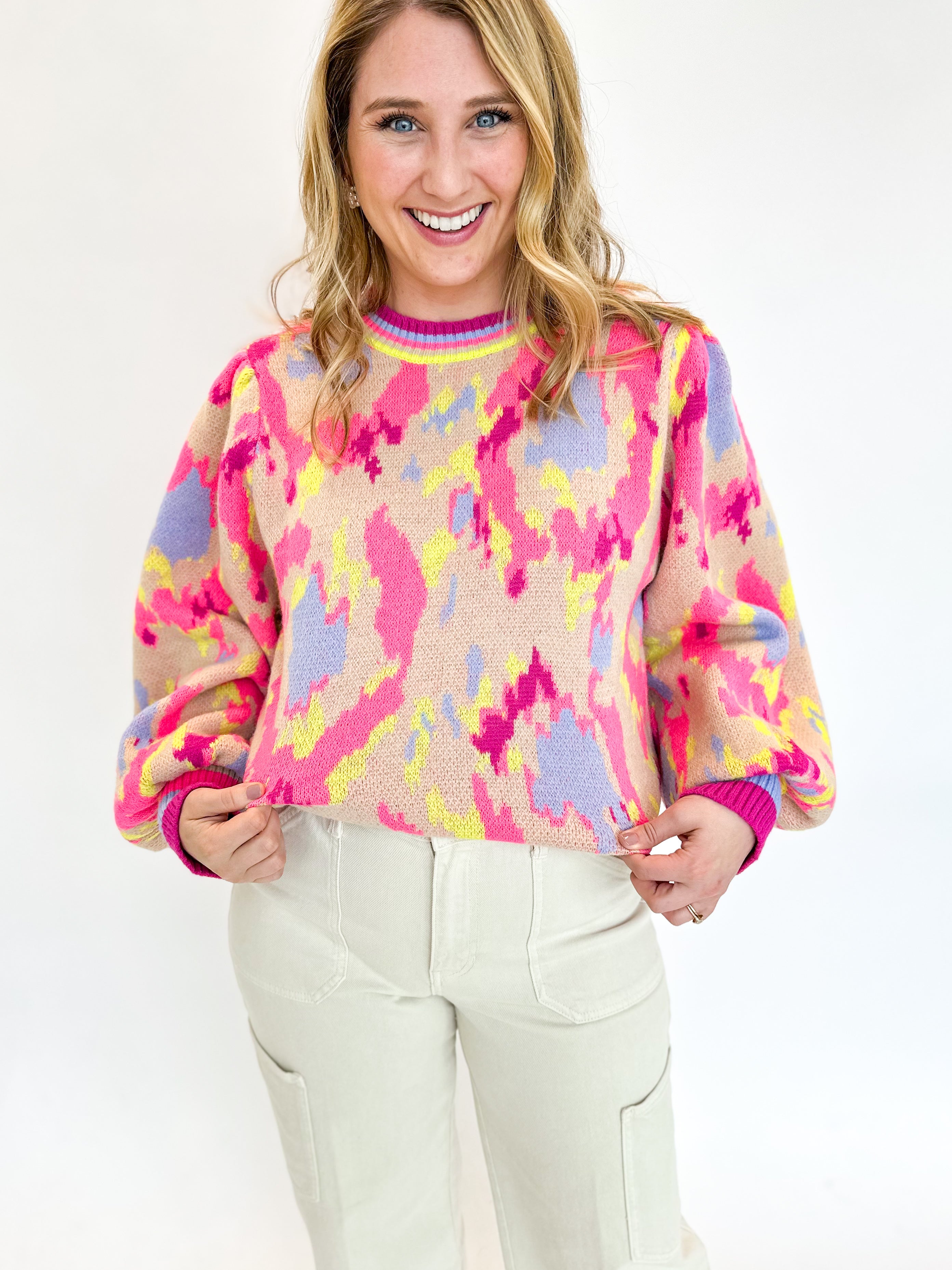 Pink & Neon Abstract Sweater Top-230 Sweaters/Cardis-JODIFL-July & June Women's Fashion Boutique Located in San Antonio, Texas