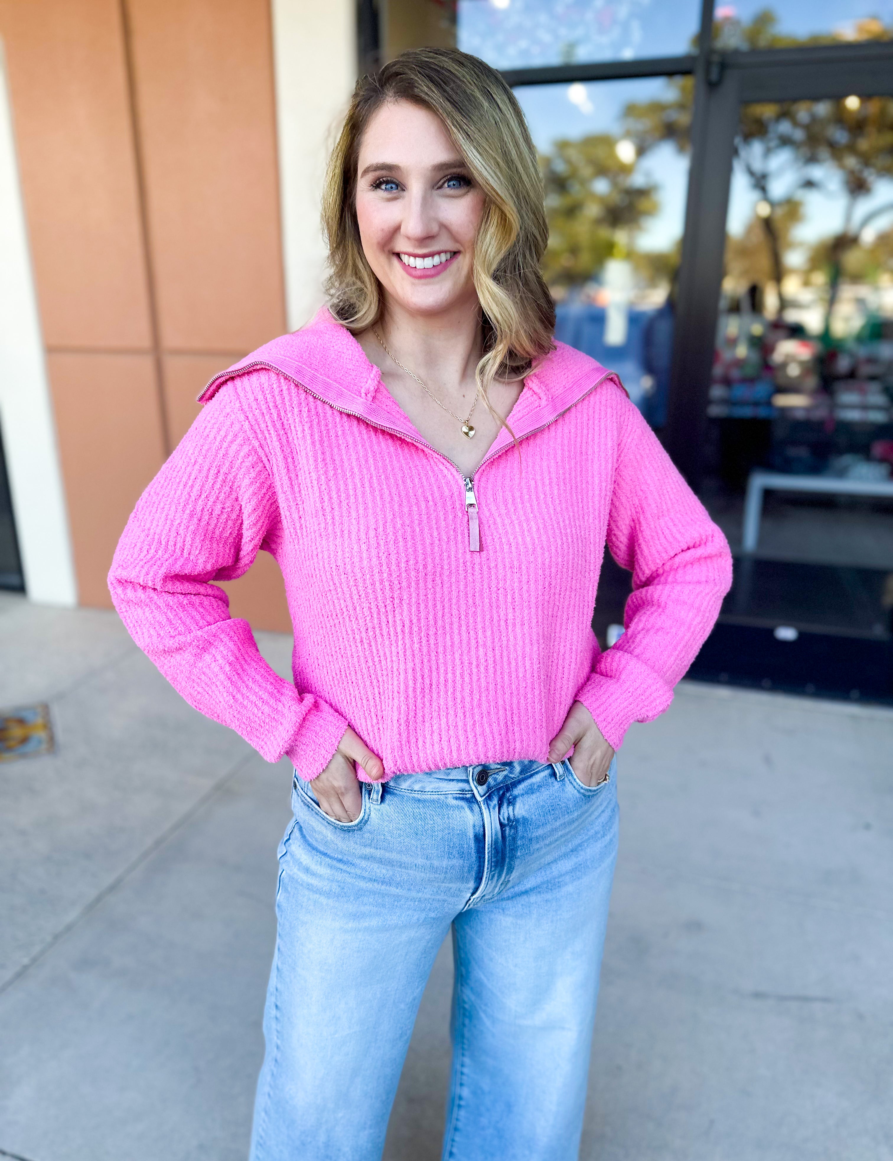 Bubblegum Pink Zip Sweater Top-230 Sweaters/Cardis-ALLIE ROSE-July & June Women's Fashion Boutique Located in San Antonio, Texas