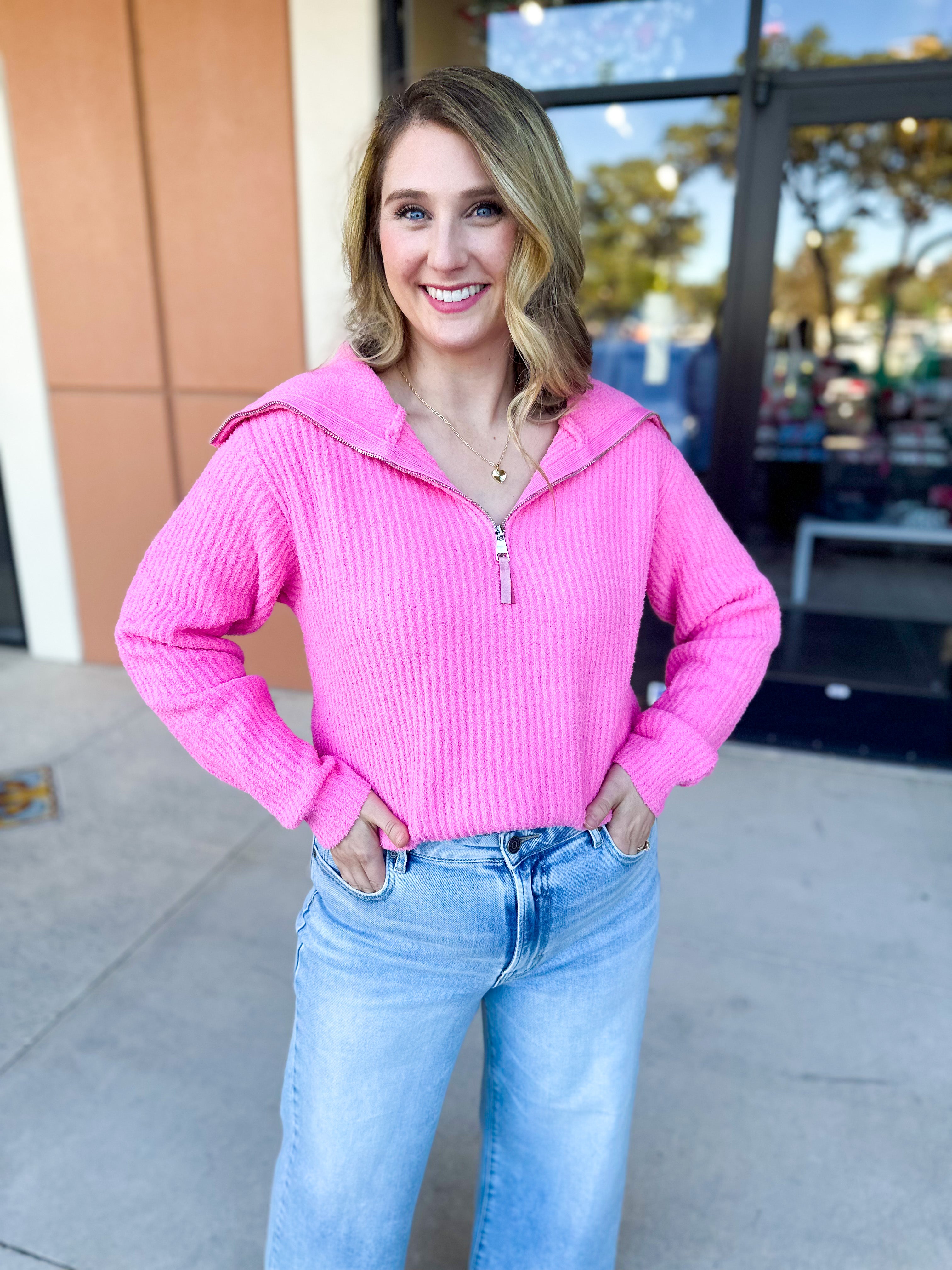 Bubblegum Pink Zip Sweater Top-230 Sweaters/Cardis-ALLIE ROSE-July & June Women's Fashion Boutique Located in San Antonio, Texas