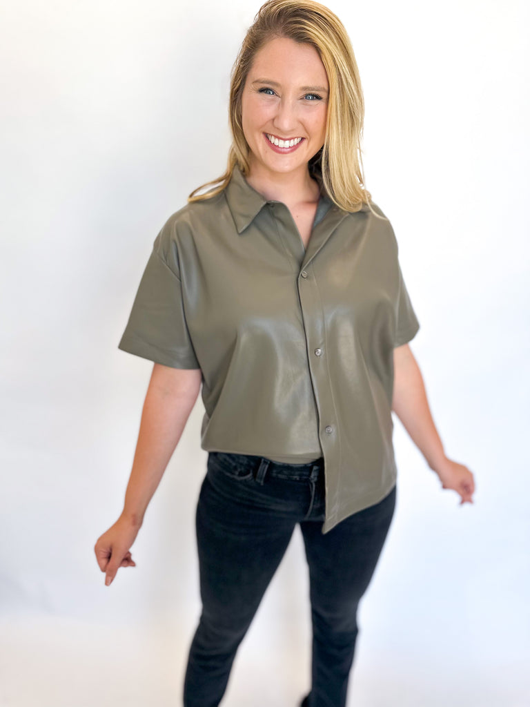 Street Chic Faux Leather Top- Moss-200 Fashion Blouses-OLIVACEOUS-July & June Women's Fashion Boutique Located in San Antonio, Texas