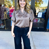 Pink Friday Doorbuster - Puff Sleeve Satin Blouse - Mocha - ONLINE-PINK FRIDAY DOORBUSTERS-GLAM-July & June Women's Fashion Boutique Located in San Antonio, Texas