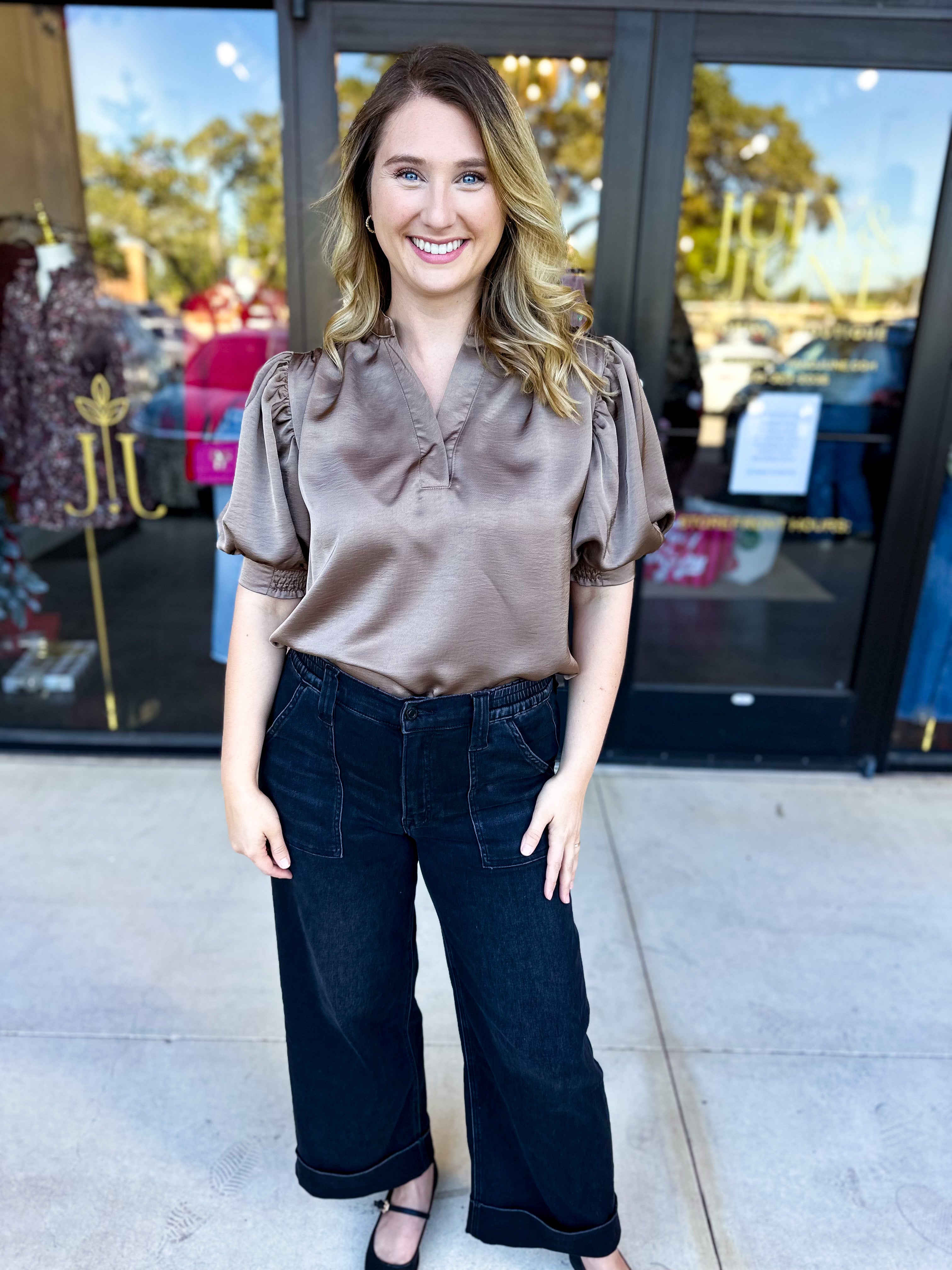 Pink Friday Doorbuster - Puff Sleeve Satin Blouse - Mocha - ONLINE-PINK FRIDAY DOORBUSTERS-GLAM-July & June Women's Fashion Boutique Located in San Antonio, Texas