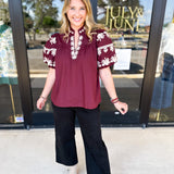 Maroon Embroidered Blouse-200 Fashion Blouses-ENTRO-July & June Women's Fashion Boutique Located in San Antonio, Texas