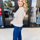 Stripe Mock Neck Long Sleeve - Mocha-210 Casual Blouses-POLOGRAM-July & June Women's Fashion Boutique Located in San Antonio, Texas