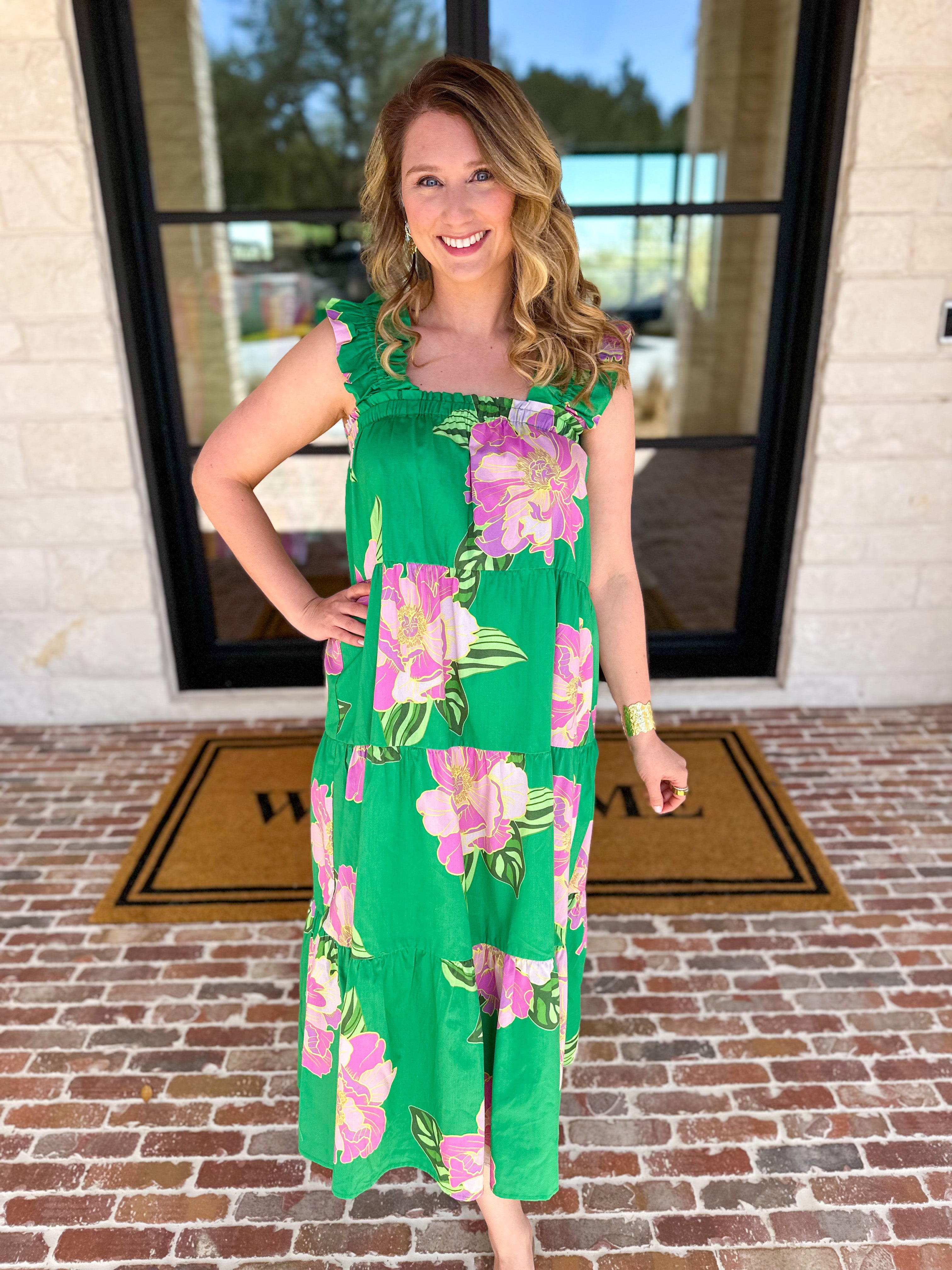 THML - Kelly Green Floral Tiered Midi Dress-500 Midi-THML-July & June Women's Fashion Boutique Located in San Antonio, Texas