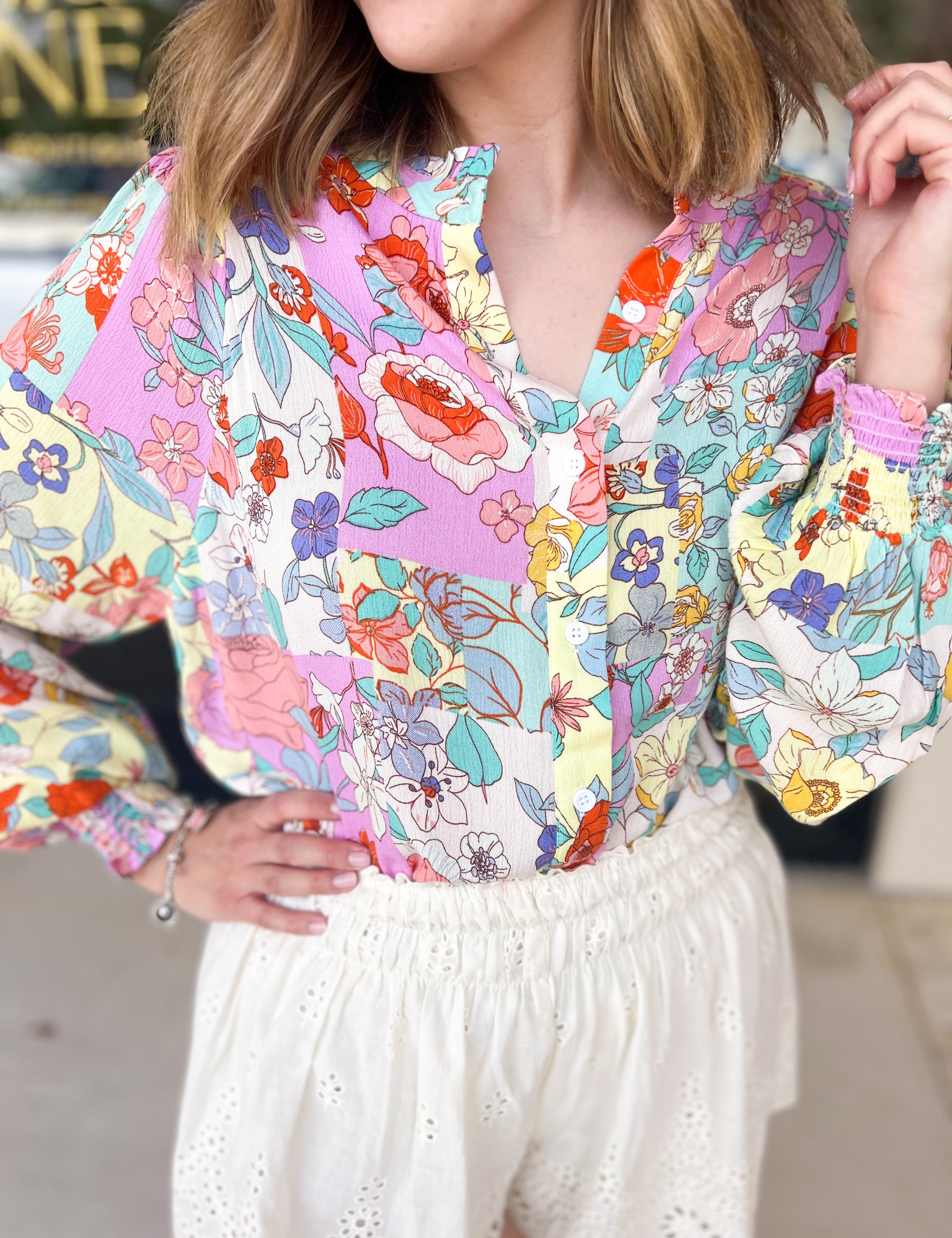 Lavender & Yellow Floral Blouse-200 Fashion Blouses-FATE-July & June Women's Fashion Boutique Located in San Antonio, Texas