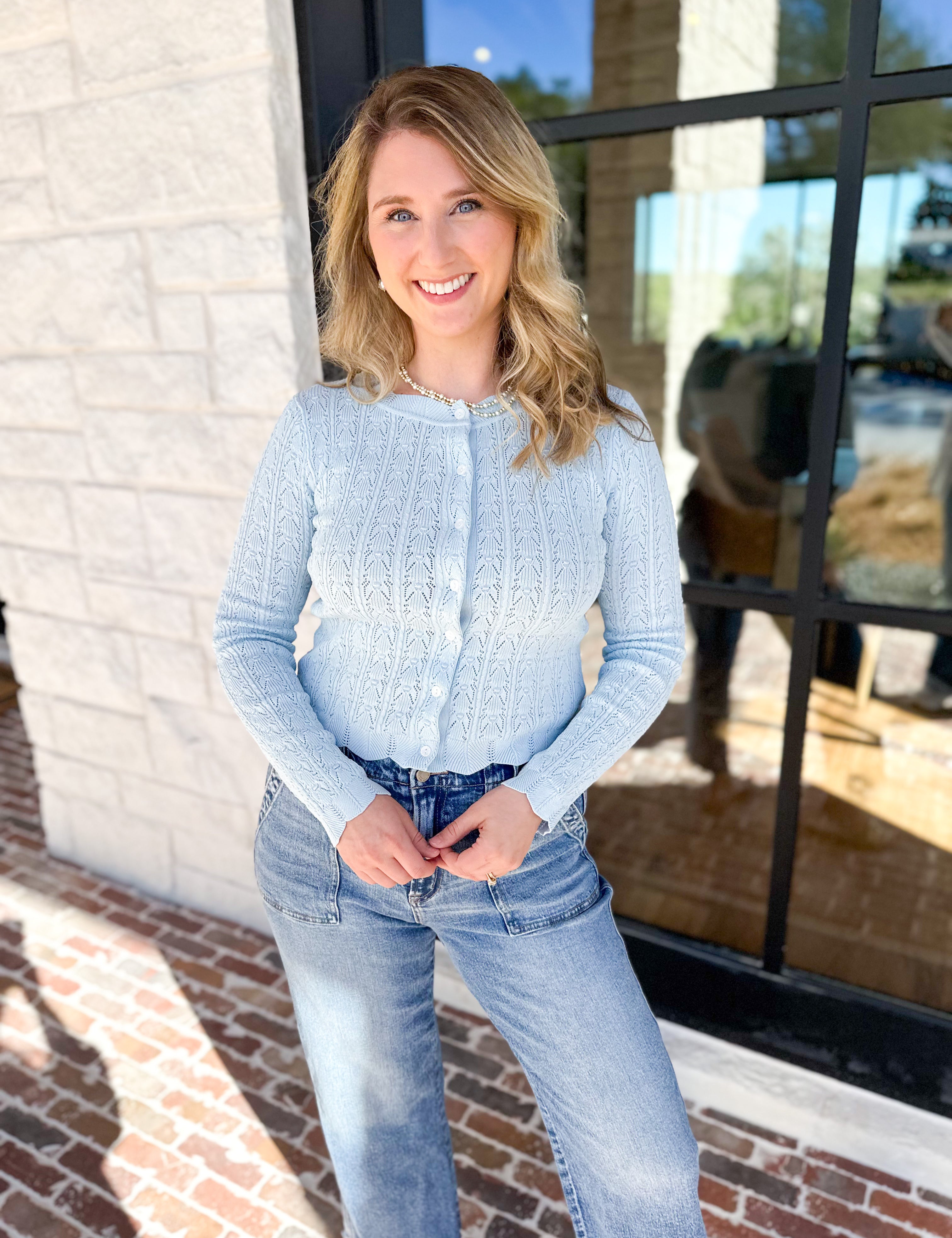 Pointelle Cardigan - Soft Blue-230 Sweaters/Cardis-ALLIE ROSE-July & June Women's Fashion Boutique Located in San Antonio, Texas