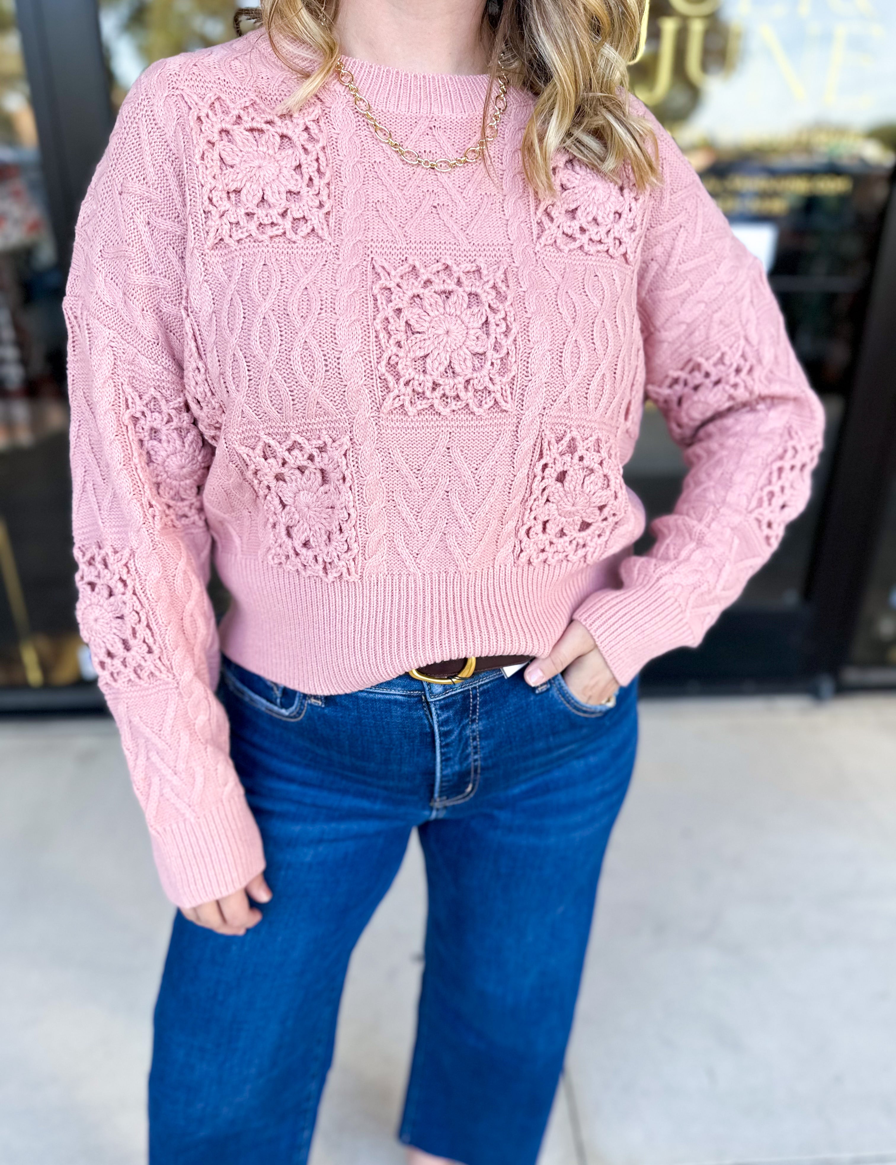 Blush Crochet Sweater-230 Sweaters/Cardis-LISTICLE-July & June Women's Fashion Boutique Located in San Antonio, Texas