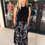 Black & White Abstract Floral Midi Dress-500 Midi-SKIES ARE BLUE-July & June Women's Fashion Boutique Located in San Antonio, Texas