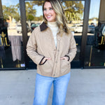 Khaki & Suede Jacket-600 Outerwear-ENTRO-July & June Women's Fashion Boutique Located in San Antonio, Texas