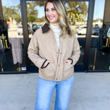 Khaki & Suede Jacket-600 Outerwear-ENTRO-July & June Women's Fashion Boutique Located in San Antonio, Texas