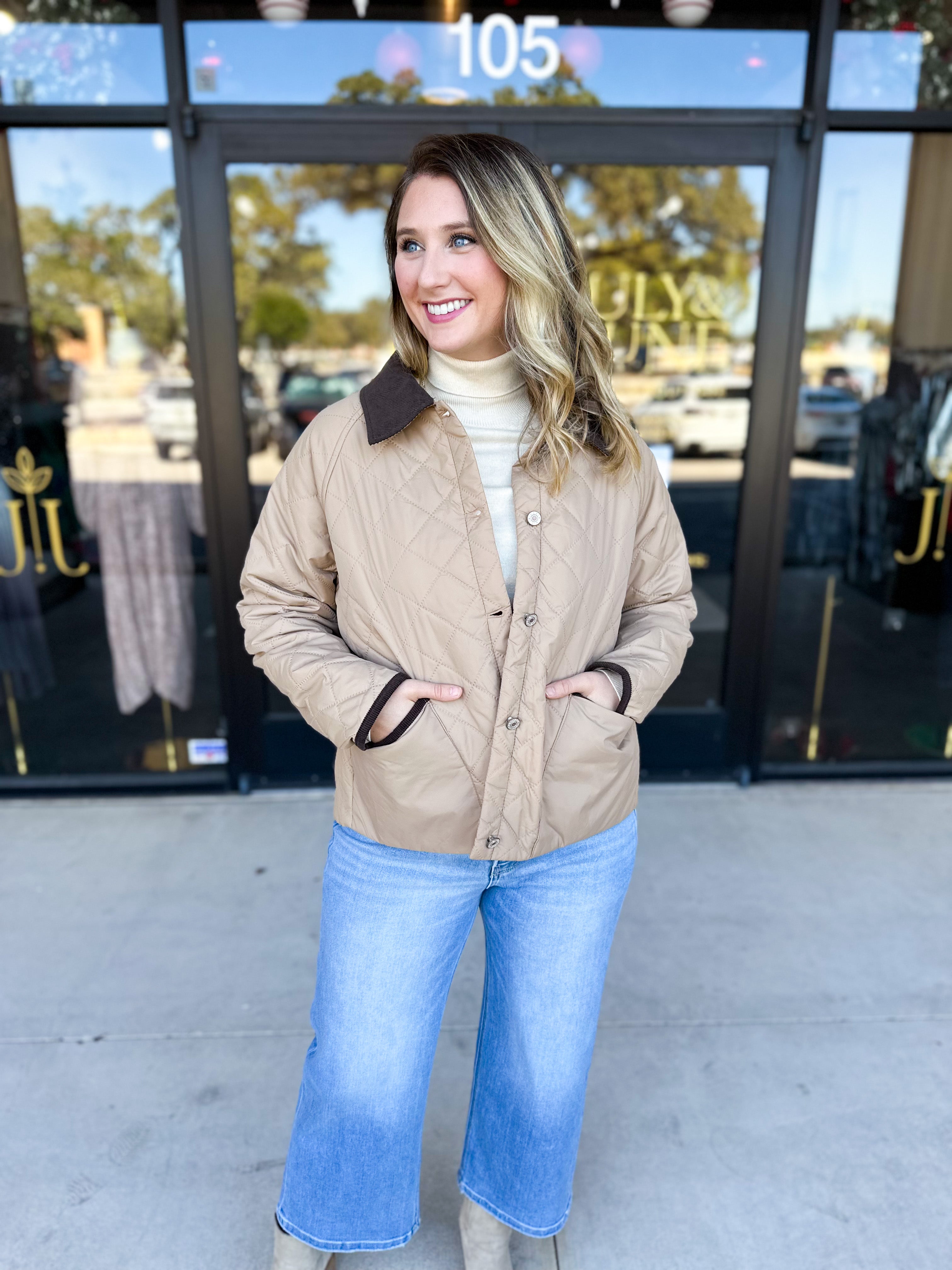 Khaki & Suede Jacket-600 Outerwear-ENTRO-July & June Women's Fashion Boutique Located in San Antonio, Texas