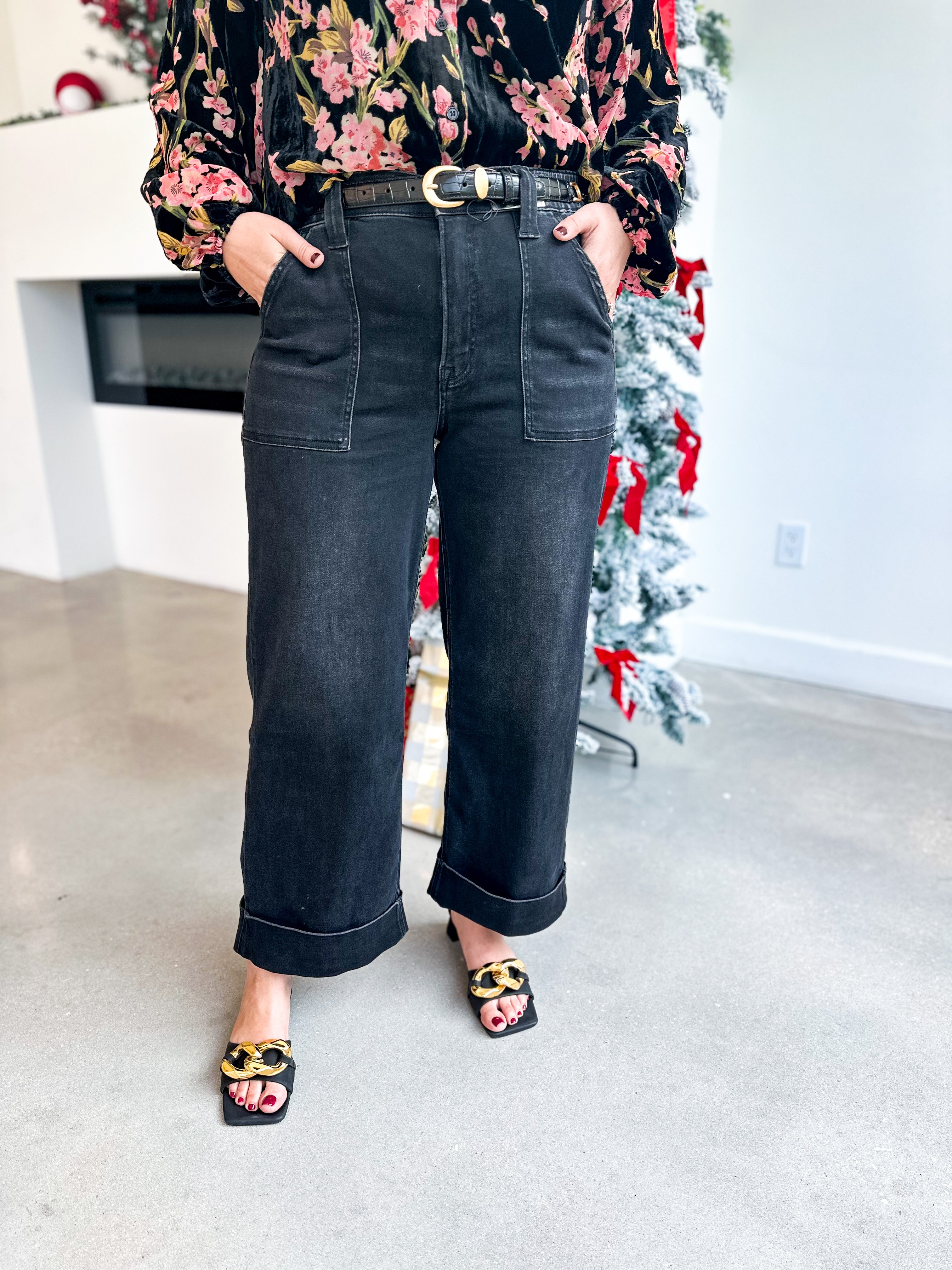 Vervet - High Rise Black Cuffed Wide Leg Jeans-400 Pants-VEVERT BY FLYING MONKEY-July & June Women's Fashion Boutique Located in San Antonio, Texas