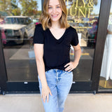 Essential V-Neck Tee - Black-210 Casual Blouses-ADRIENNE-July & June Women's Fashion Boutique Located in San Antonio, Texas