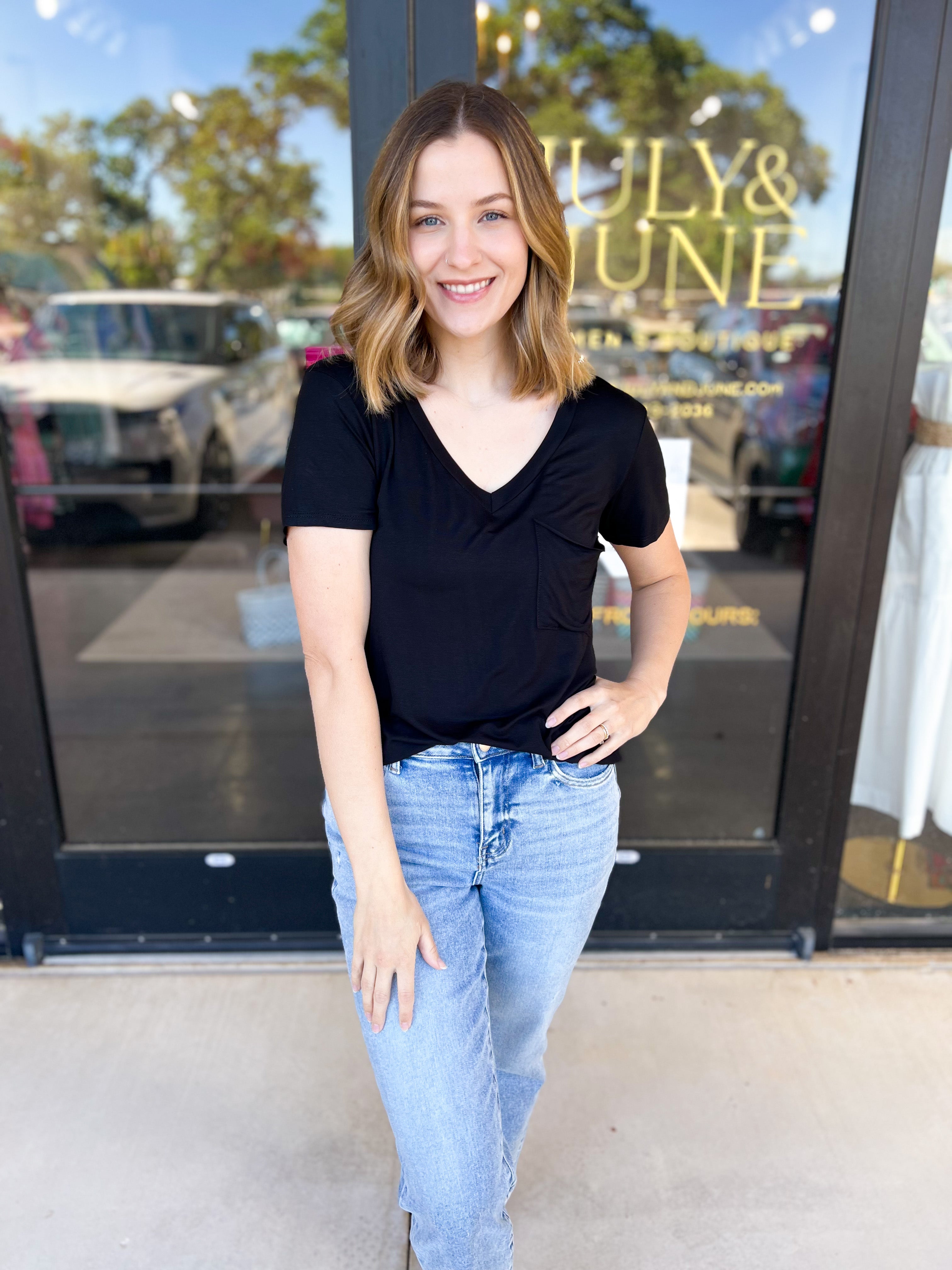Essential V-Neck Tee - Black-210 Casual Blouses-ADRIENNE-July & June Women's Fashion Boutique Located in San Antonio, Texas