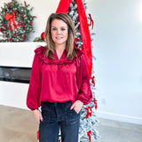 Satin Ruffle Blouse - Merlot-200 Fashion Blouses-JODIFL-July & June Women's Fashion Boutique Located in San Antonio, Texas