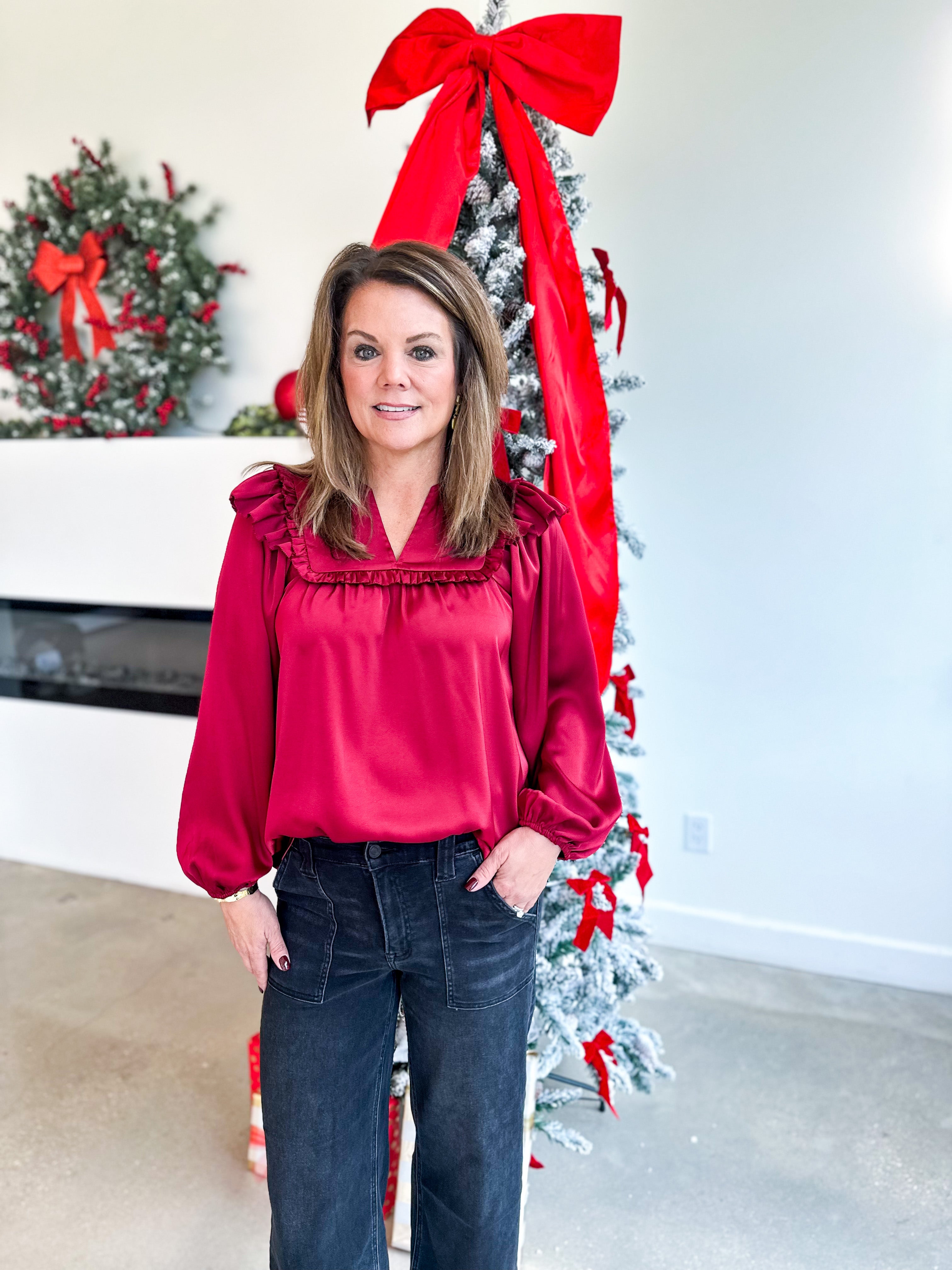 Satin Ruffle Blouse - Merlot-200 Fashion Blouses-JODIFL-July & June Women's Fashion Boutique Located in San Antonio, Texas