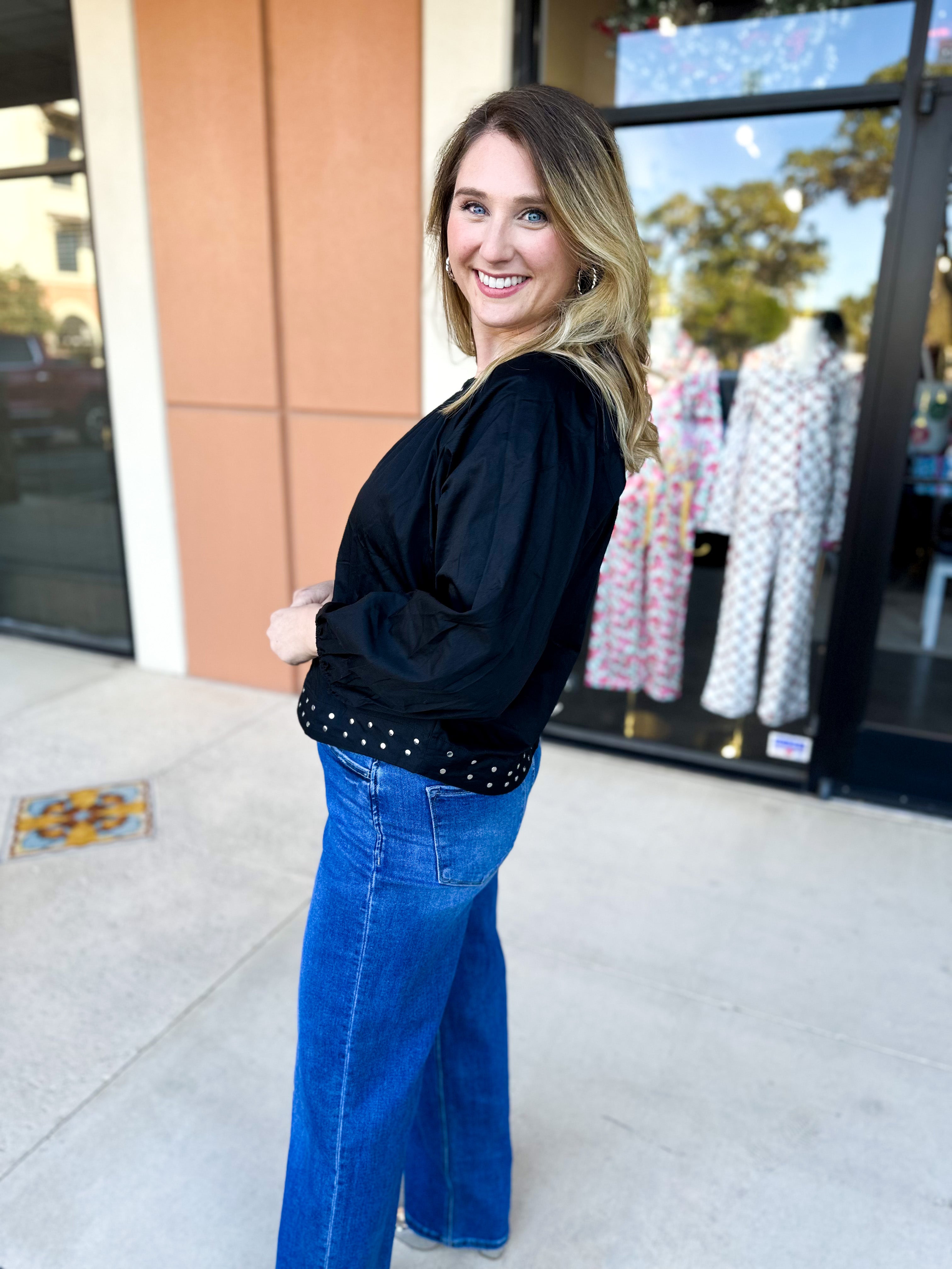 Studded Black Blouse-200 Fashion Blouses-TCEC-July & June Women's Fashion Boutique Located in San Antonio, Texas